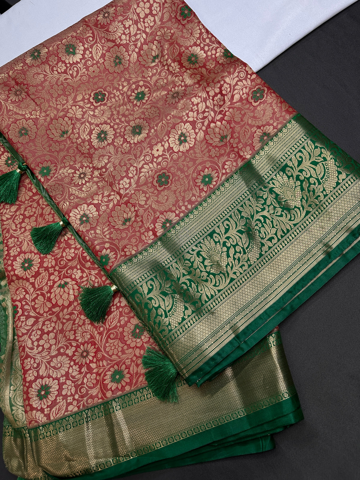 Kanjeevaram Meena Brocade Pink Green Silk Saree
