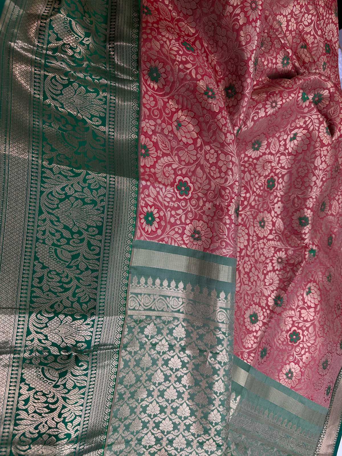 Kanjeevaram Meena Brocade Pink Green Silk Saree