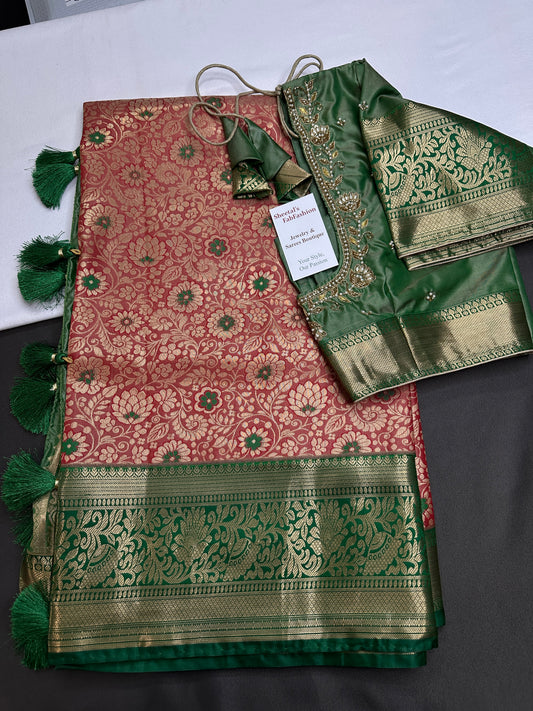 Kanjeevaram Meena Brocade Pink Green Silk Saree
