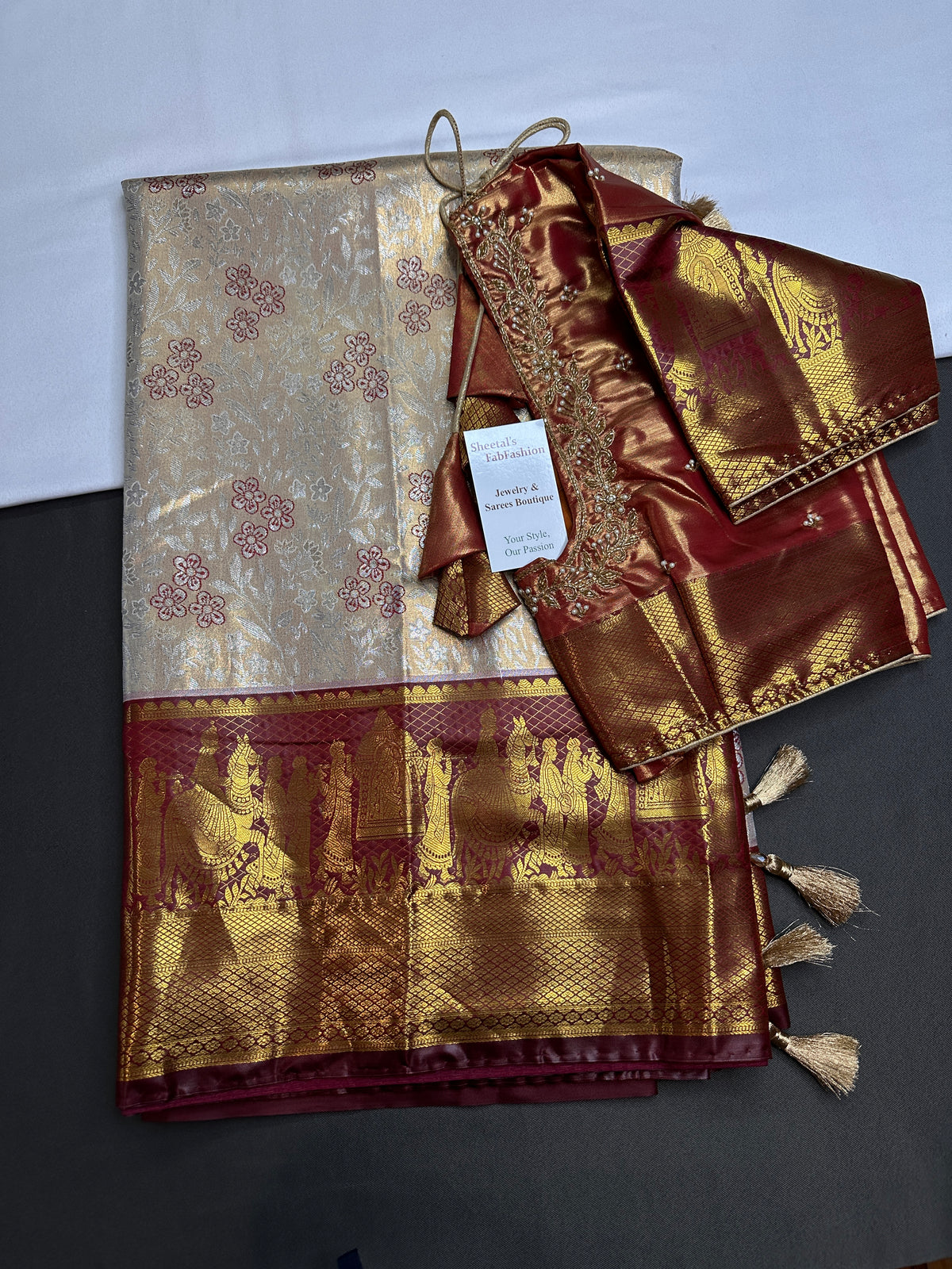 Champagne Gold Kanjeevaram Meena Brocade Palki Border Silk Saree