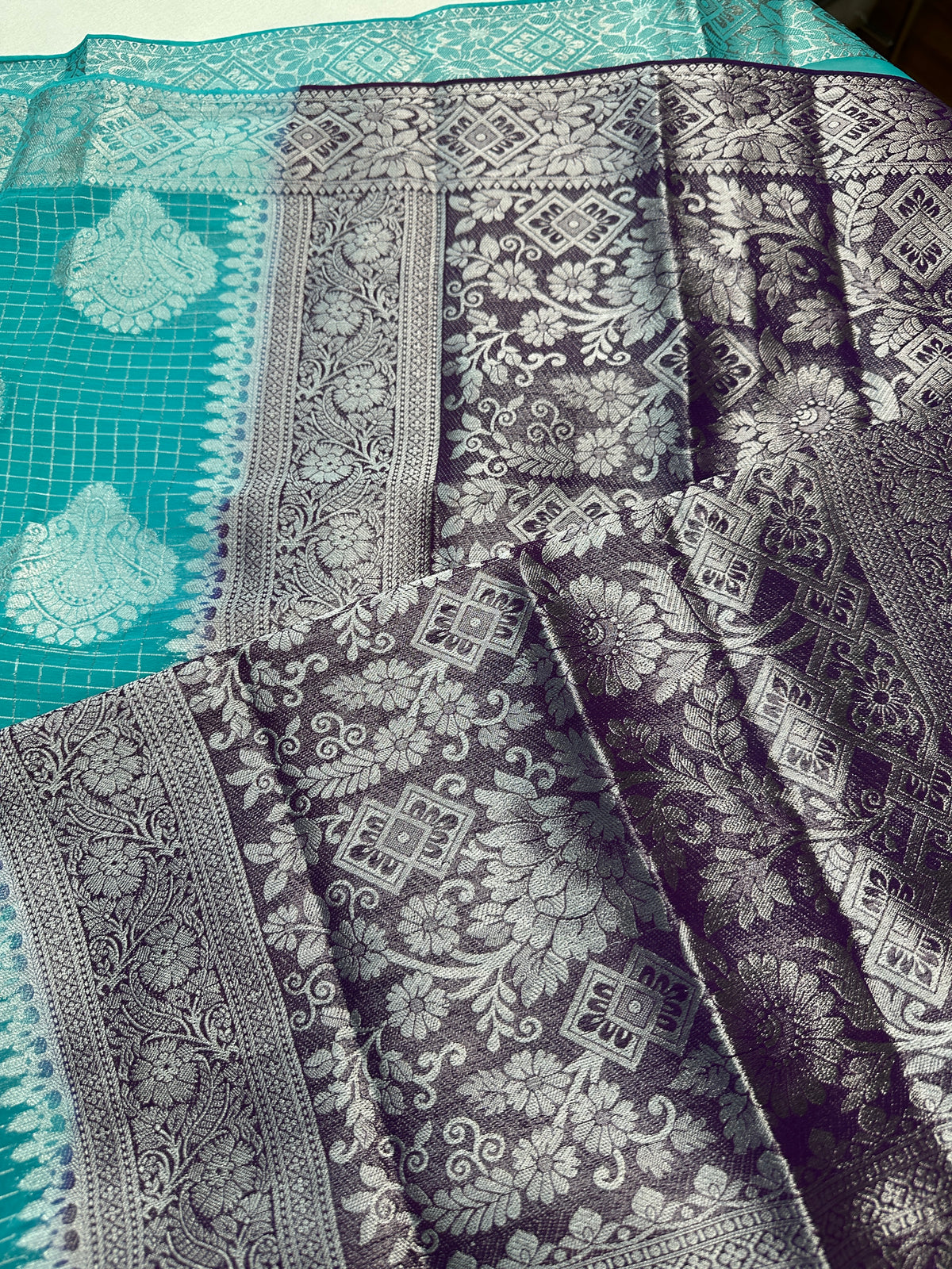 Blue Georgette Silver Checks and Buttas Blue Saree - 