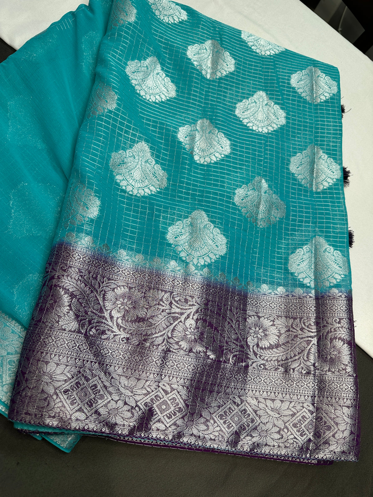 Blue Georgette Silver Checks and Buttas Blue Saree - 