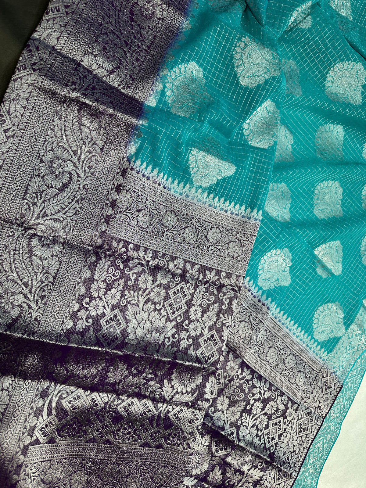 Blue Georgette Silver Checks and Buttas Blue Saree - 