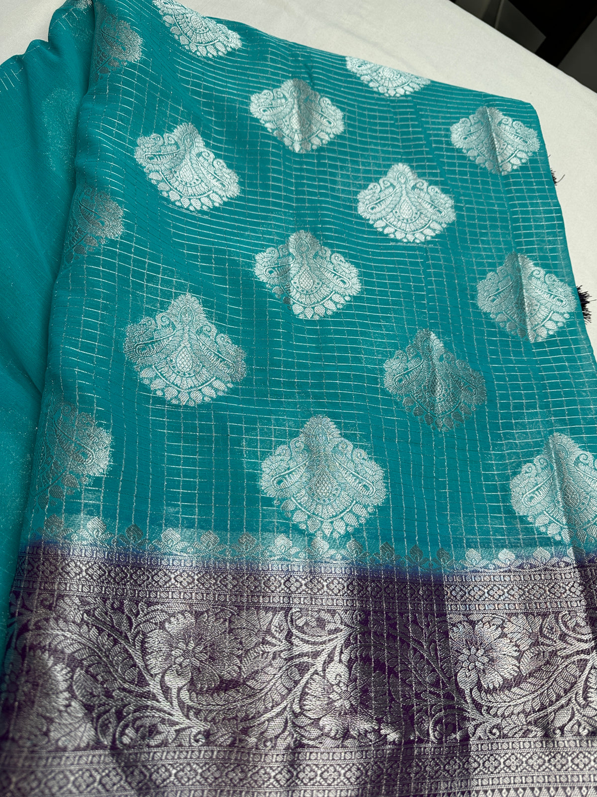 Blue Georgette Silver Checks and Buttas Blue Saree - 