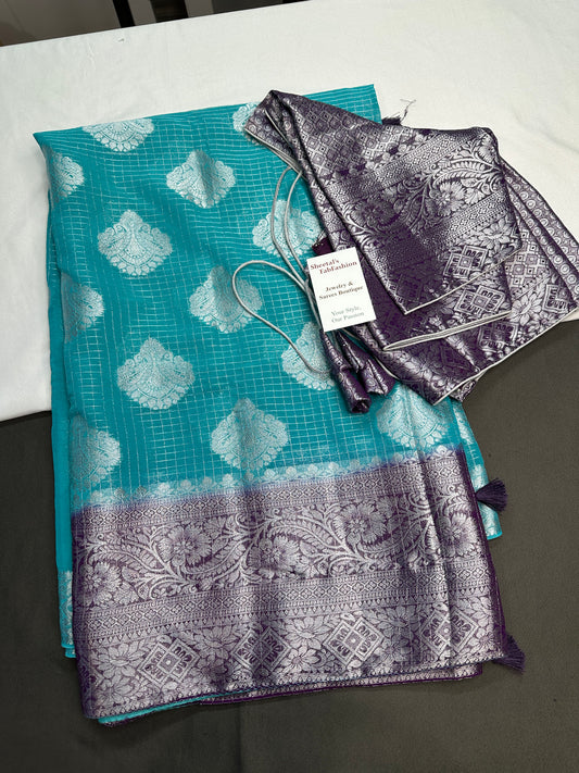 Blue Georgette Silver Checks and Buttas Blue Saree - 