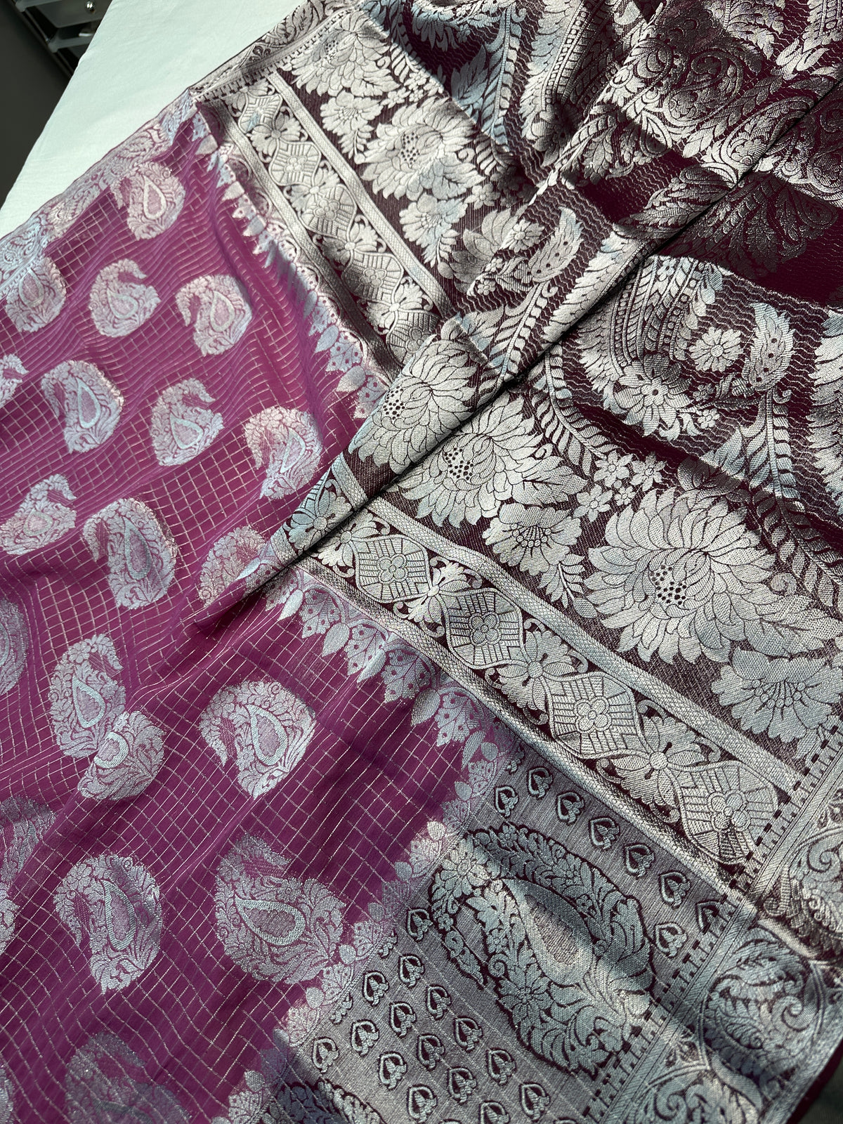 Pink Georgette Silver Checks and Buttas Blue Saree - 