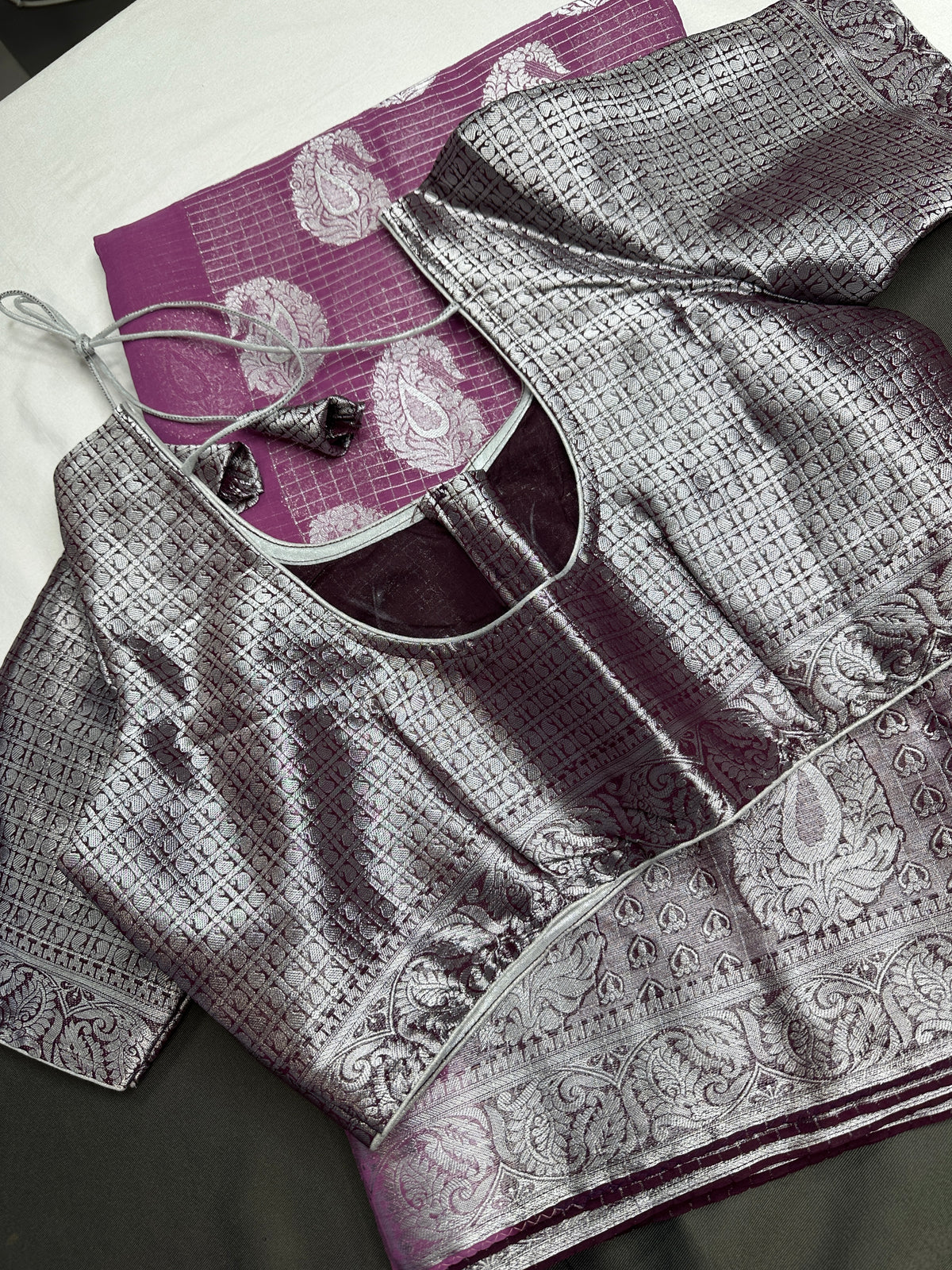 Pink Georgette Silver Checks and Buttas Blue Saree - 