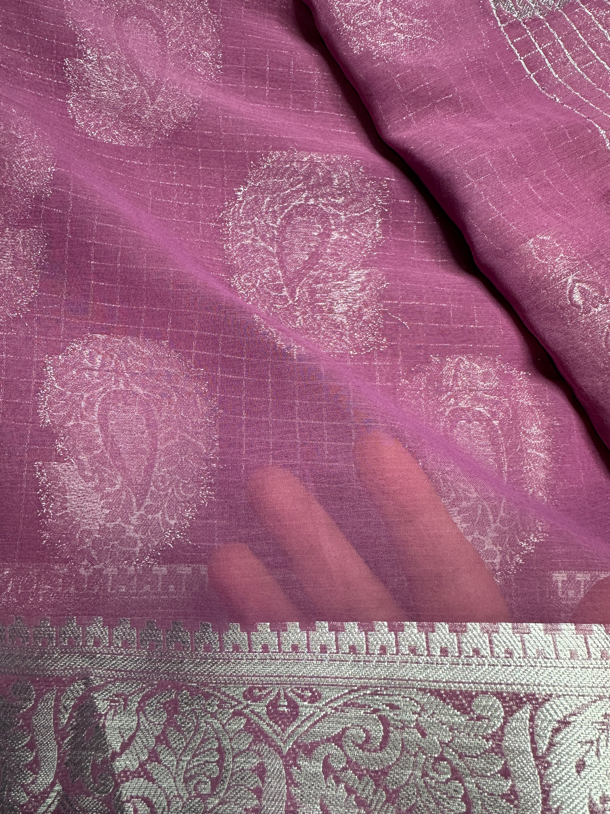 Pink Georgette Silver Checks and Buttas Blue Saree - 