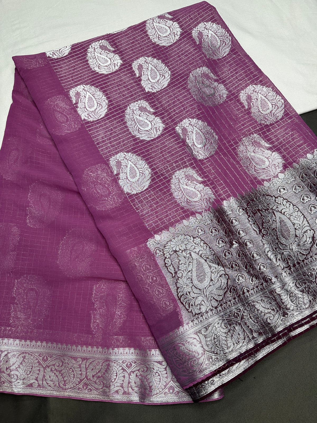 Pink Georgette Silver Checks and Buttas Blue Saree - 