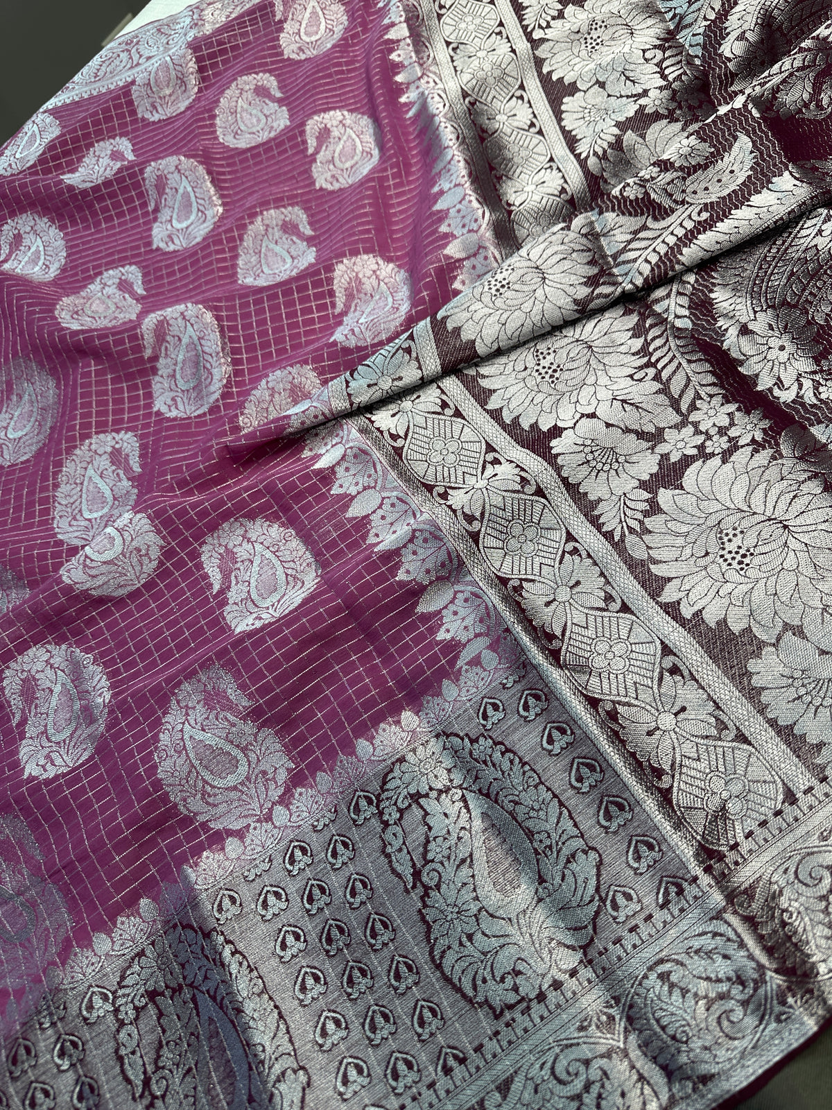 Pink Georgette Silver Checks and Buttas Blue Saree - 