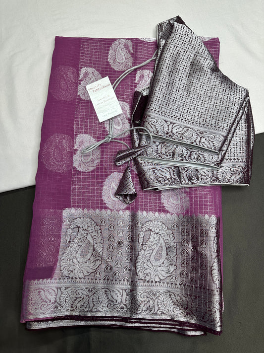 Pink Georgette Silver Checks and Buttas Blue Saree - 