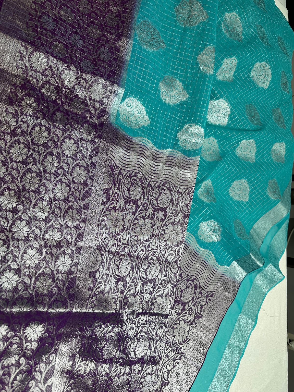 Blue Georgette Silver Checks and Buttas Blue Saree - 