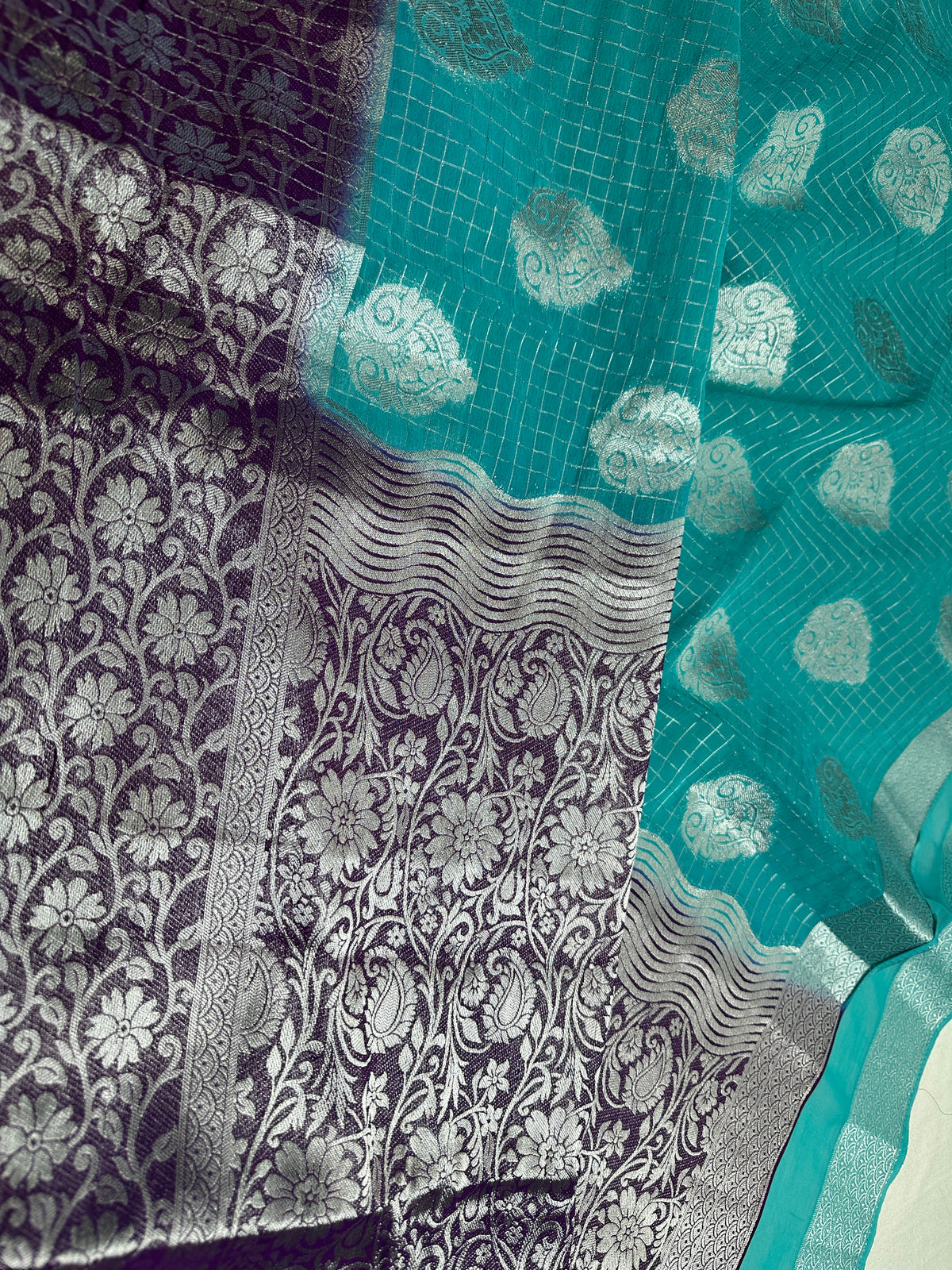 Blue Georgette Silver Checks and Buttas Blue Saree - 