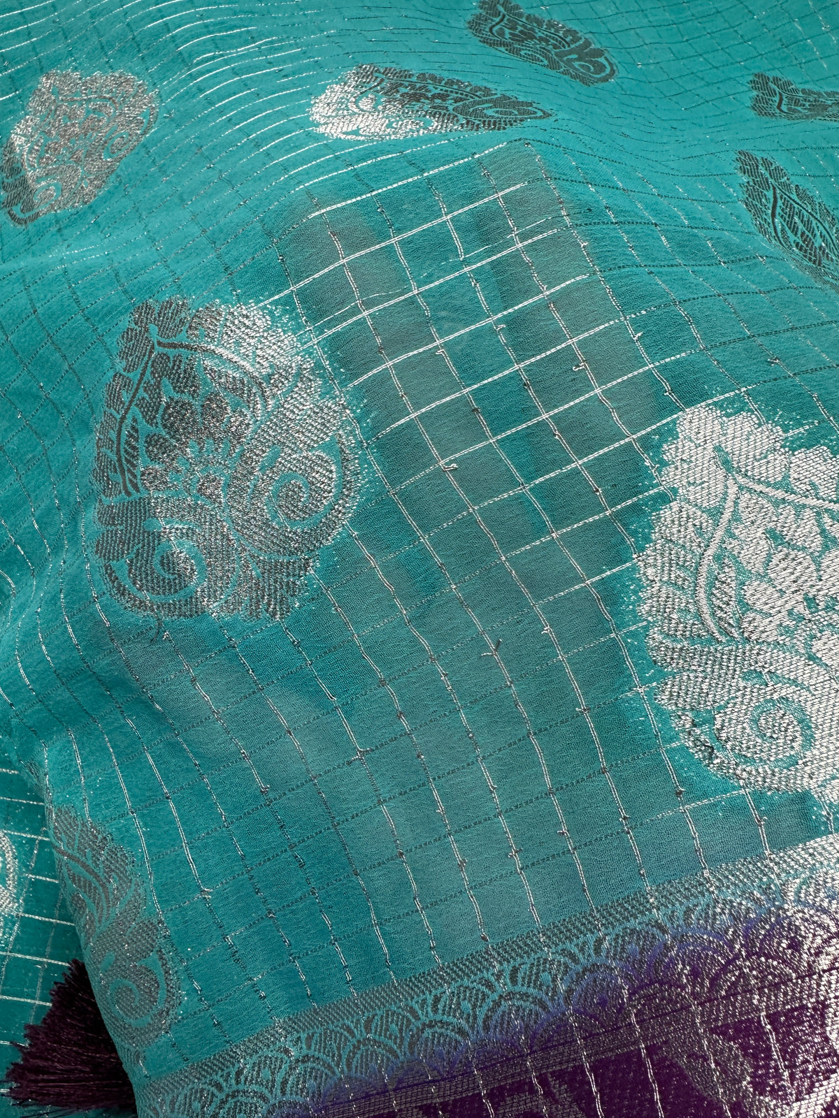 Blue Georgette Silver Checks and Buttas Blue Saree - 