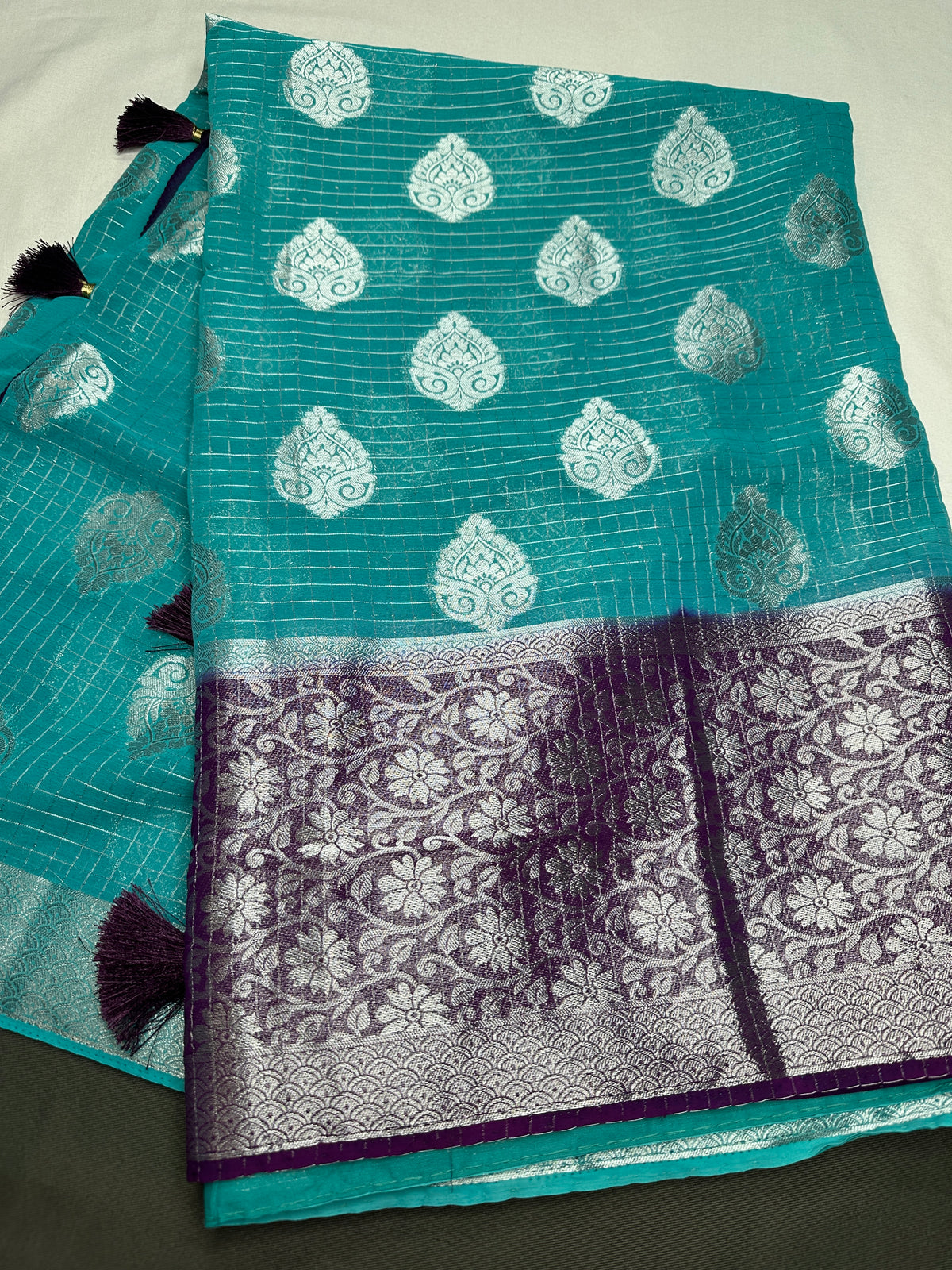 Blue Georgette Silver Checks and Buttas Blue Saree - 