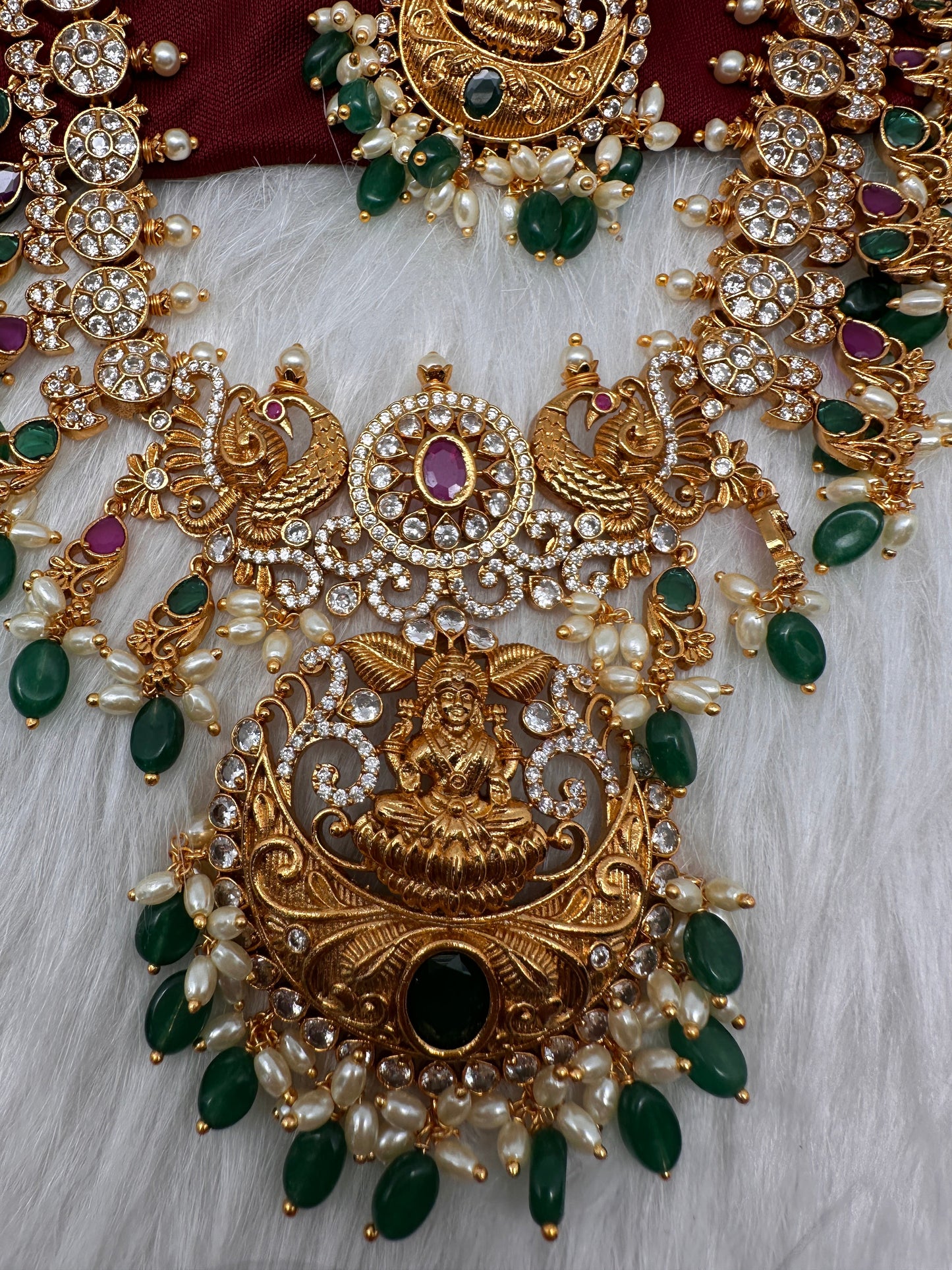 Goddess Lakshmi Peacock Botu Mala Green beads Long Necklace