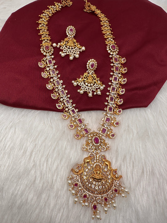 Goddess Lakshmi Peacock Elephant Red Stone Long Necklace