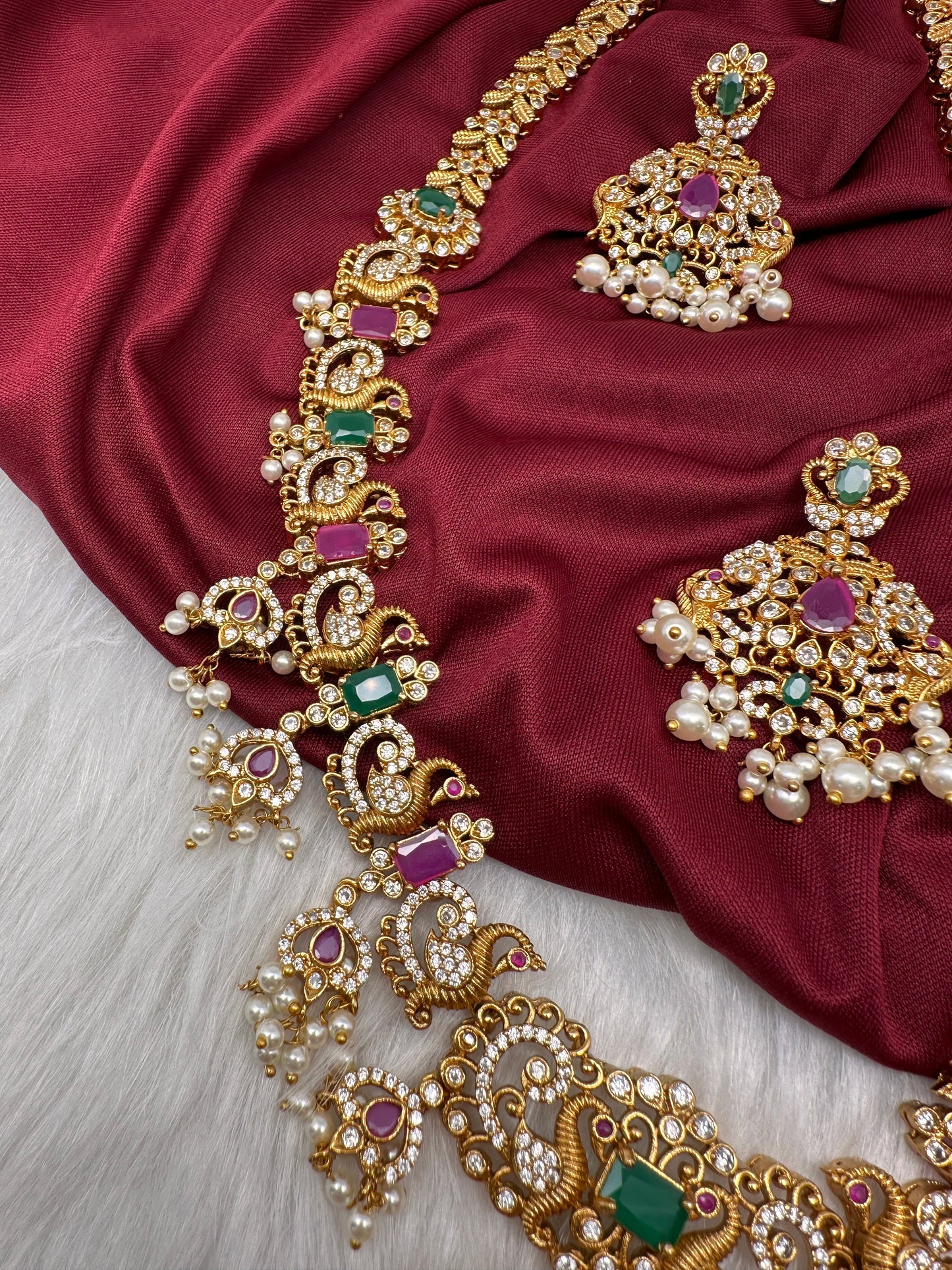 Red Green Stone Peacock Design Long Ethnic Necklace