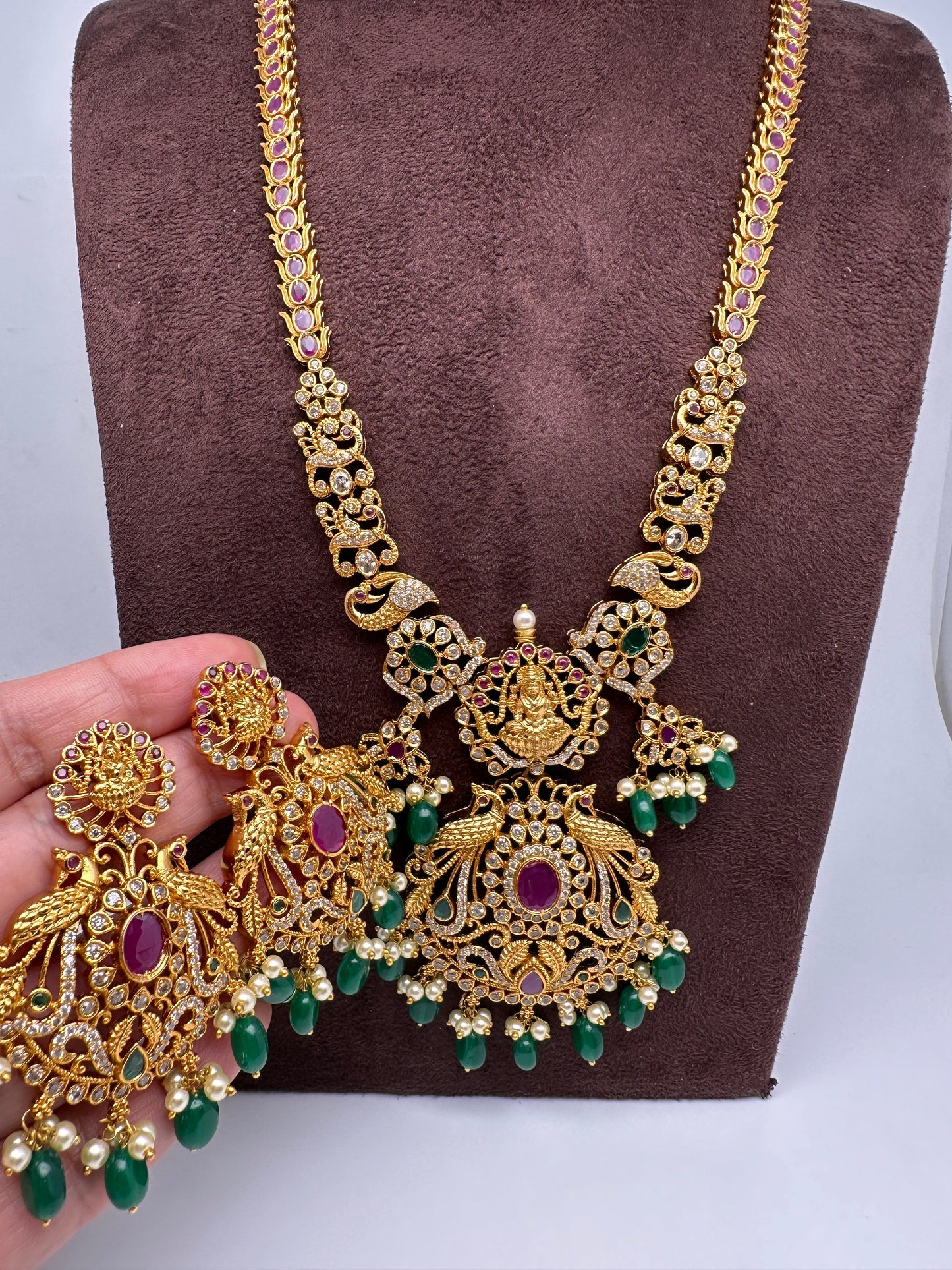 Goddess Lakshmi Red Kemp Green beads Long Necklace