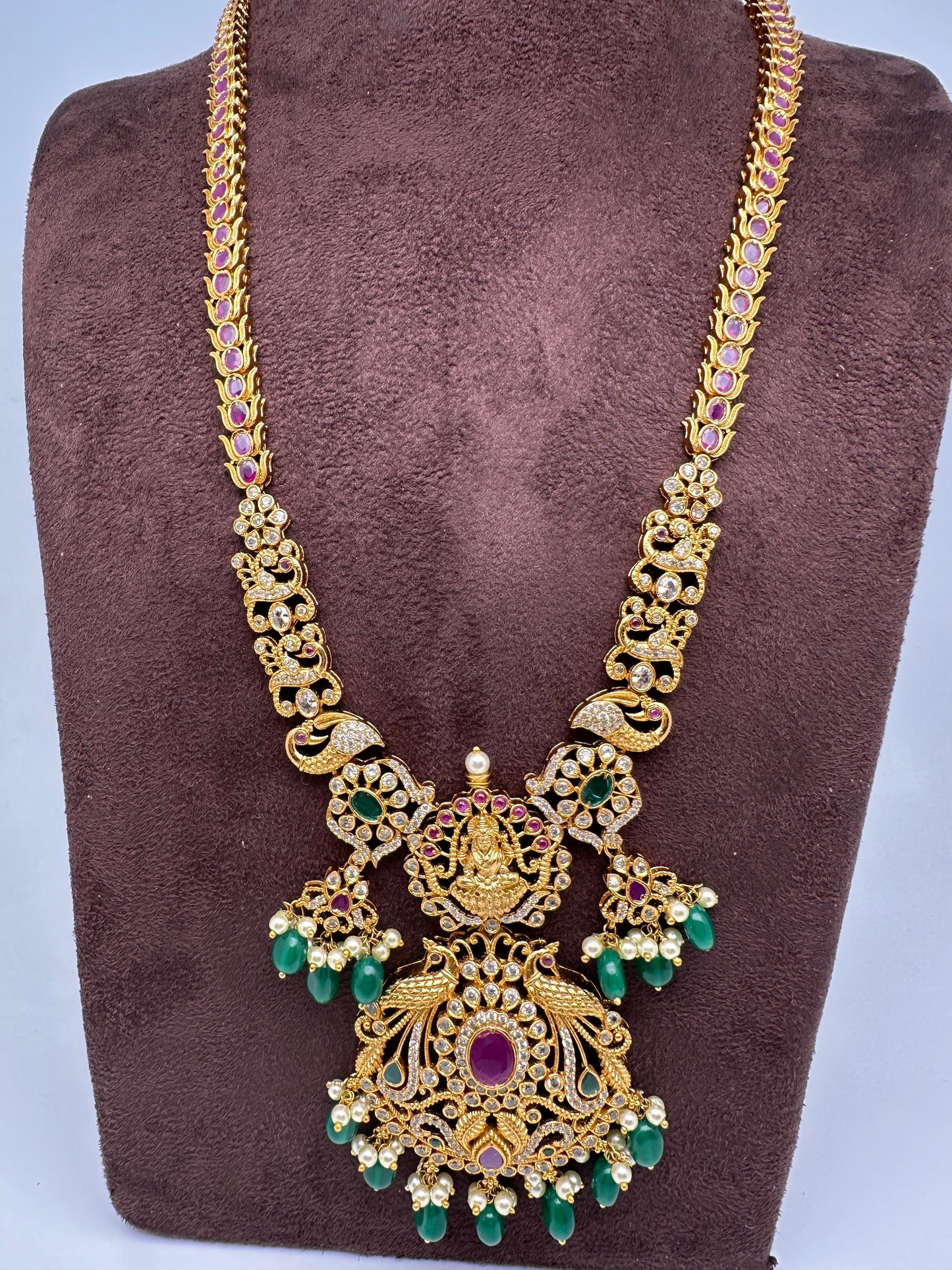 Goddess Lakshmi Red Kemp Green beads Long Necklace