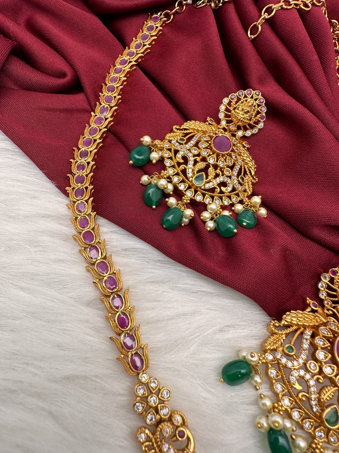 Goddess Lakshmi Red Kemp Green beads Long Necklace