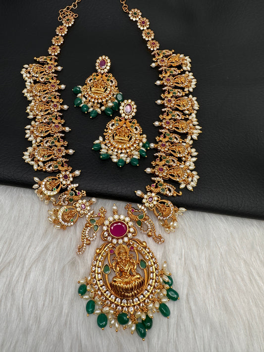Goddess Lakshmi Floral Multi Stone Green beads Long Necklace