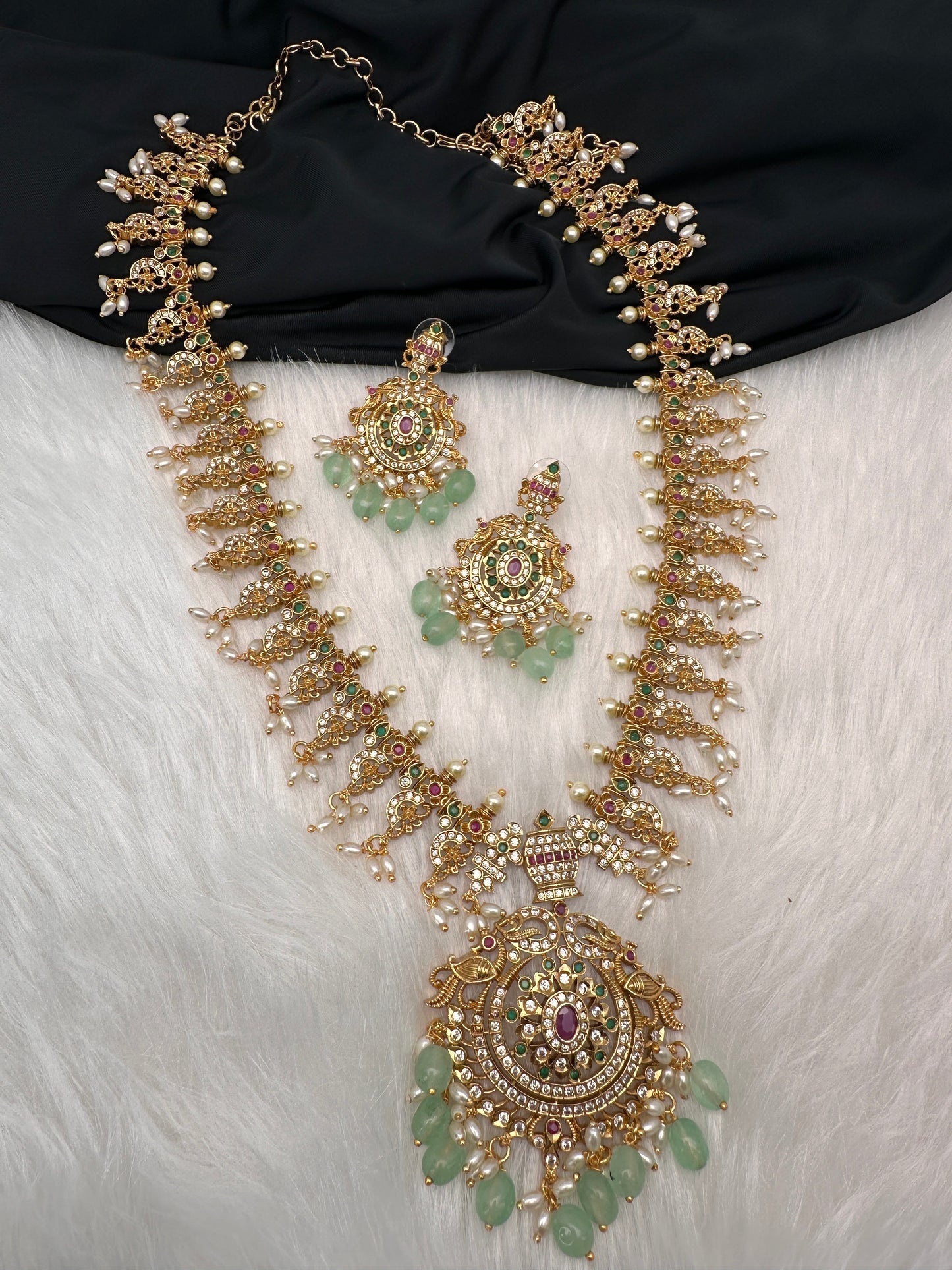 AD Red Green Multi Stone Mint Green beads Ethnic Long Necklace
