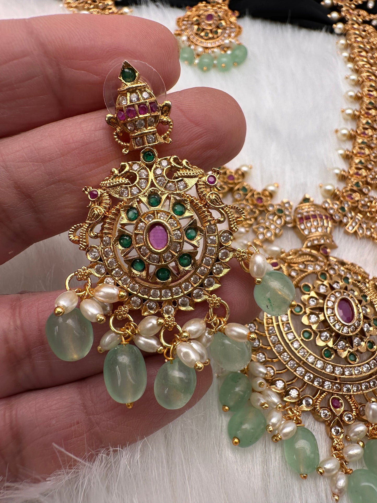 AD Red Green Multi Stone Mint Green beads Ethnic Long Necklace