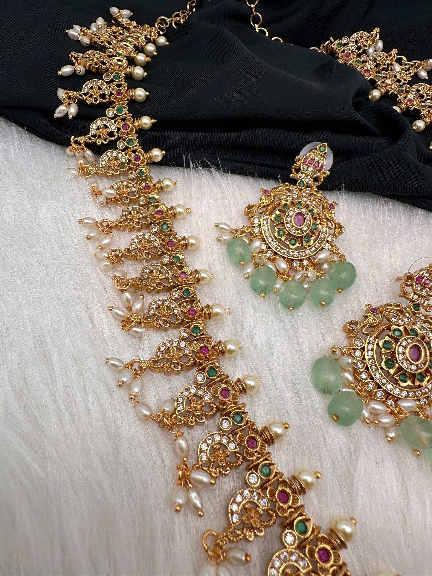 AD Red Green Multi Stone Mint Green beads Ethnic Long Necklace