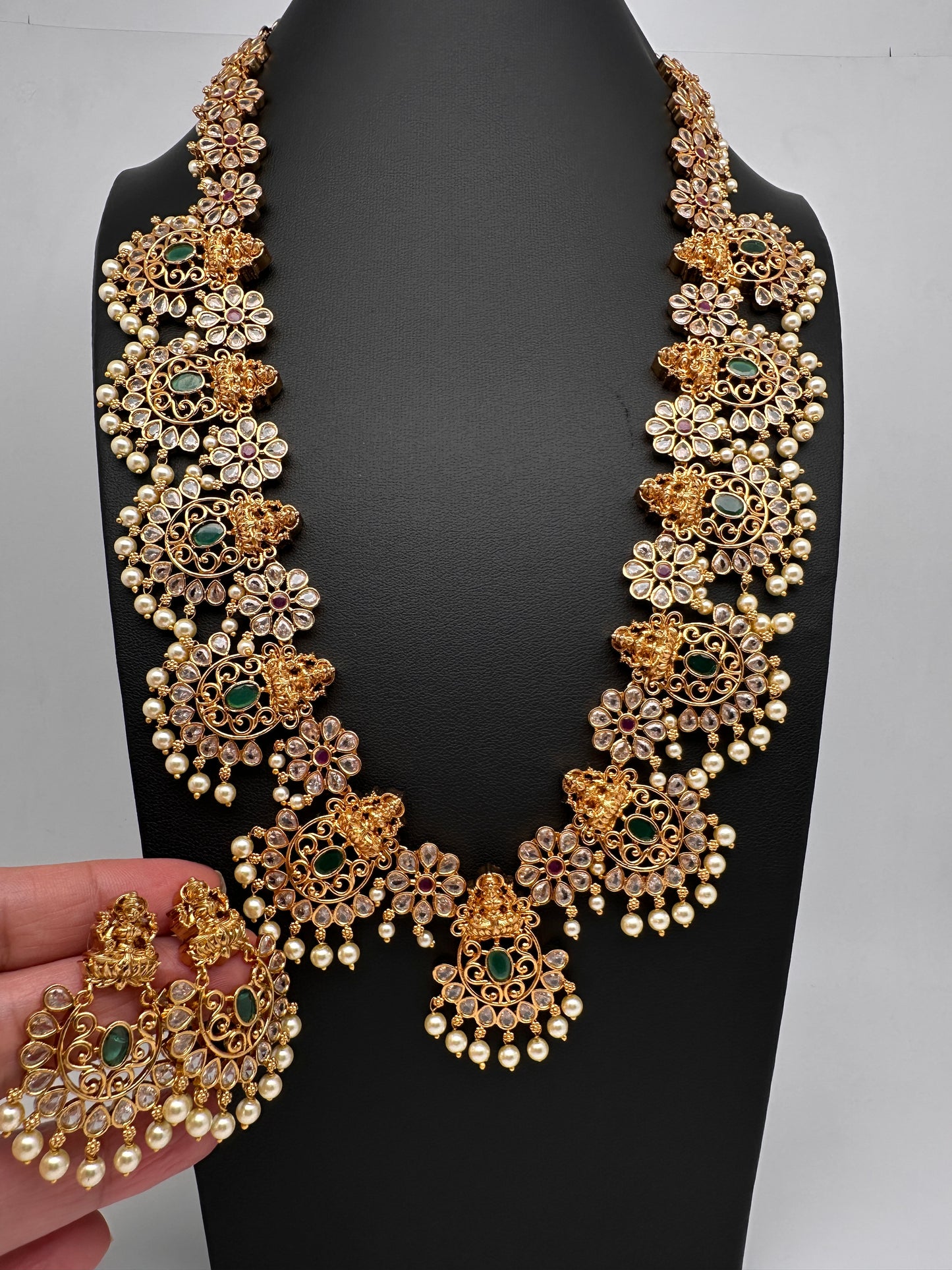 Goddess Lakshmi AD Red Green Multi Stone Long Necklace - 
