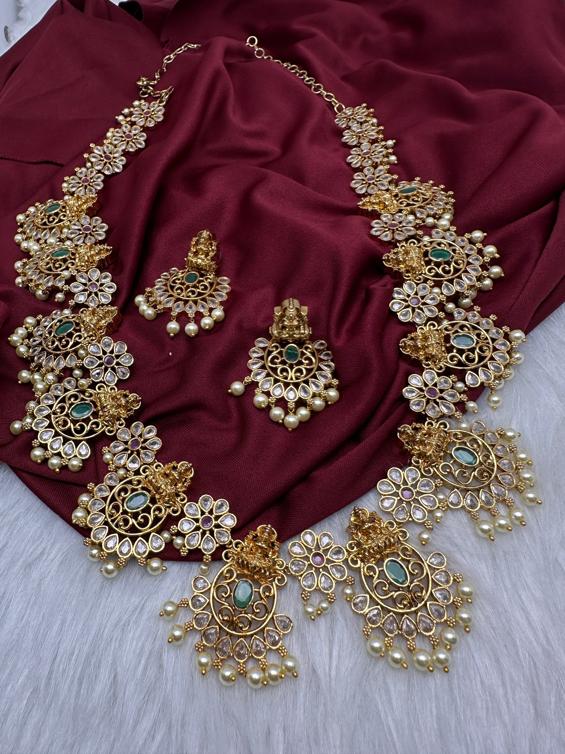 Goddess Lakshmi AD Red Green Multi Stone Long Necklace - 