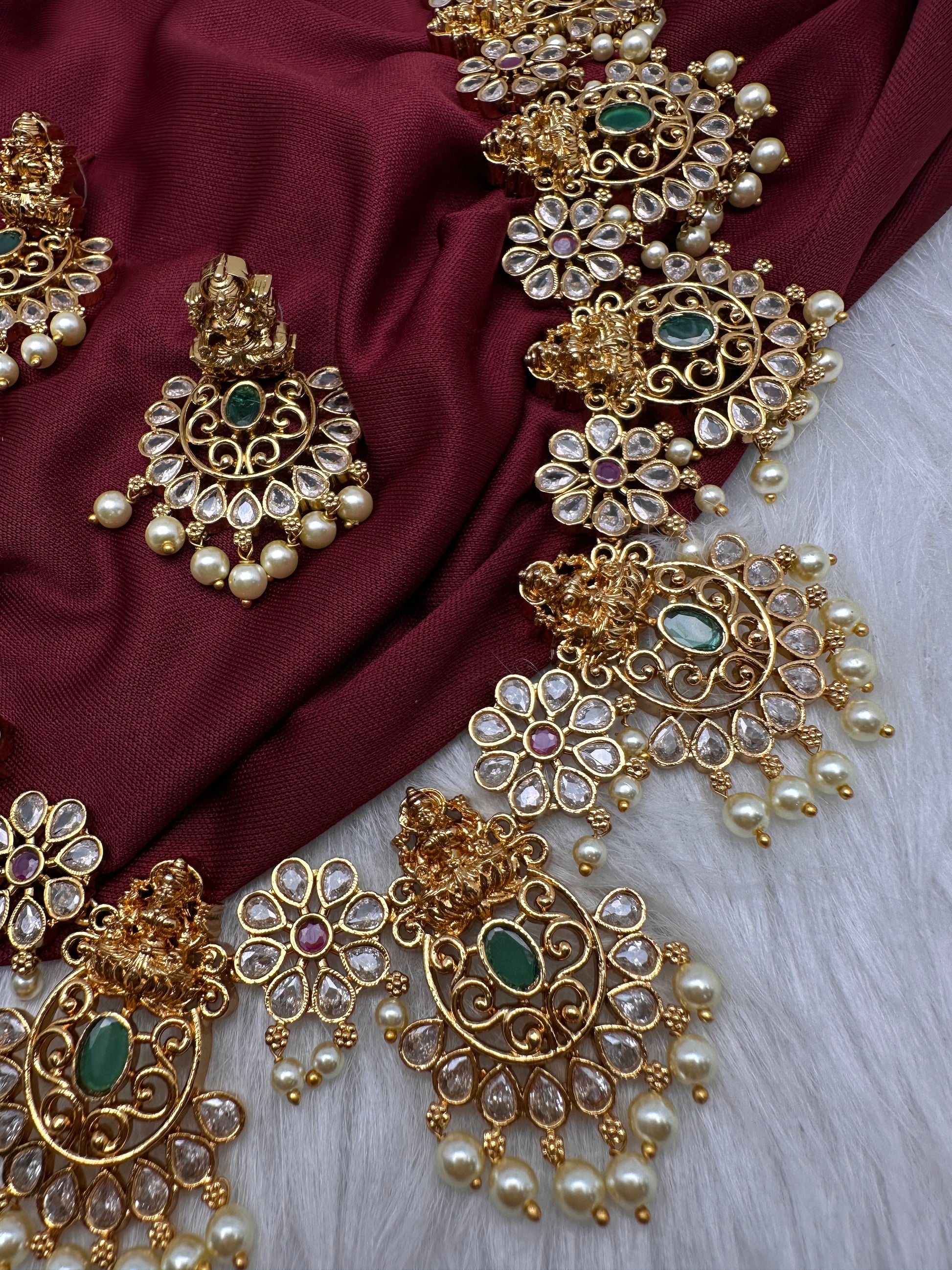 Goddess Lakshmi AD Red Green Multi Stone Long Necklace - 