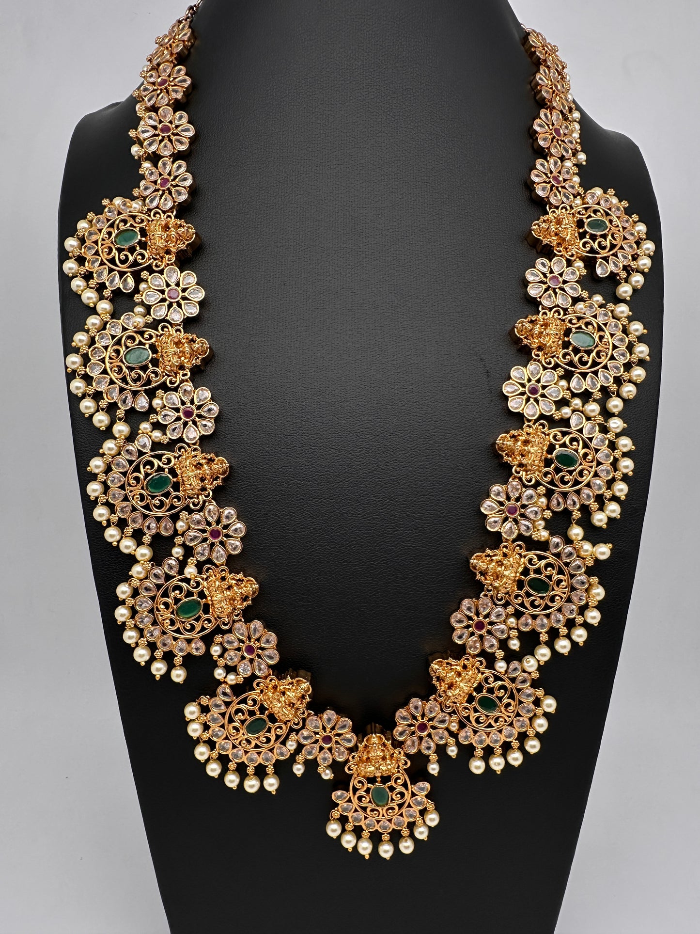 Goddess Lakshmi AD Red Green Multi Stone Long Necklace - 
