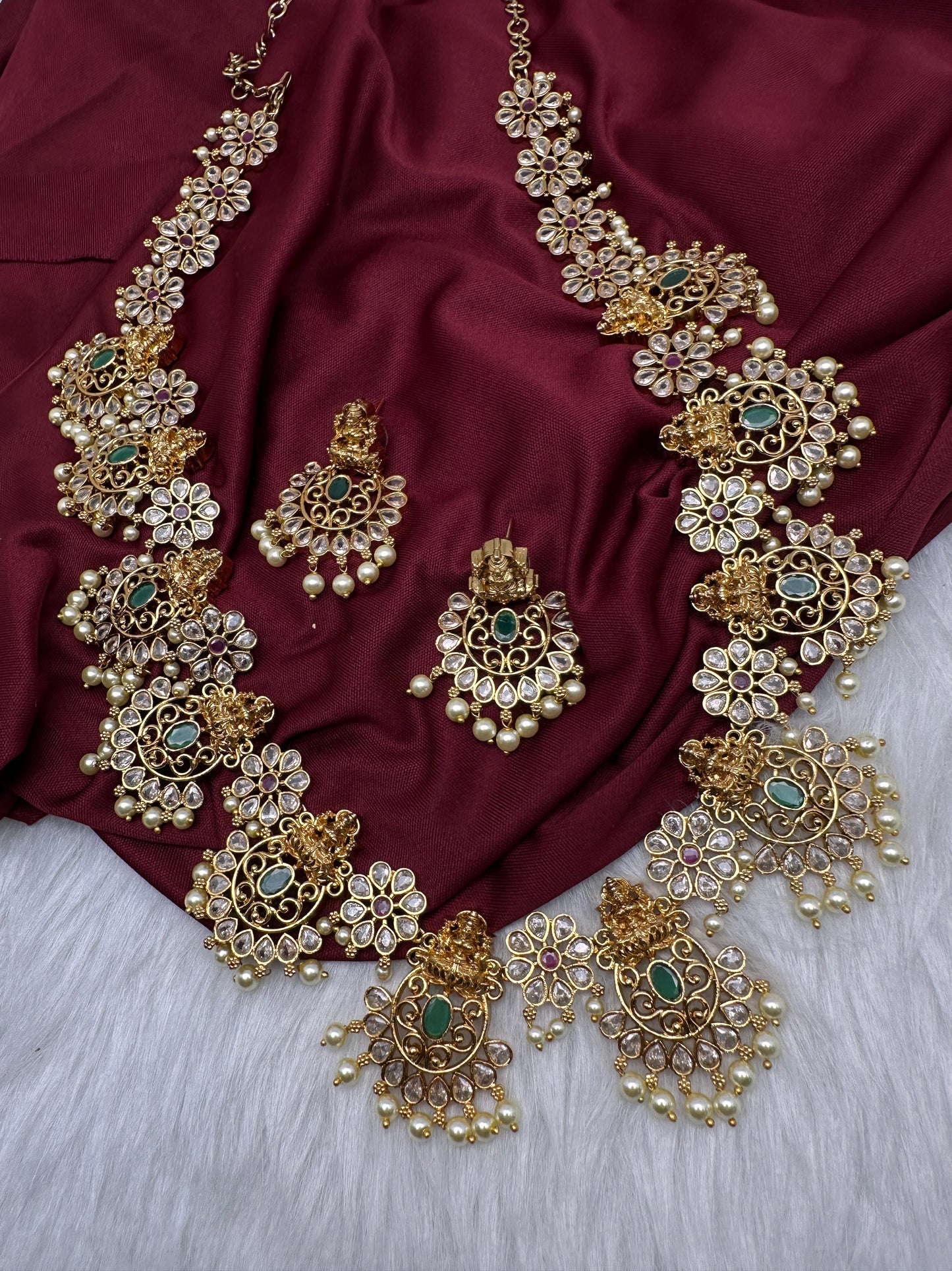 Goddess Lakshmi AD Red Green Multi Stone Long Necklace - 