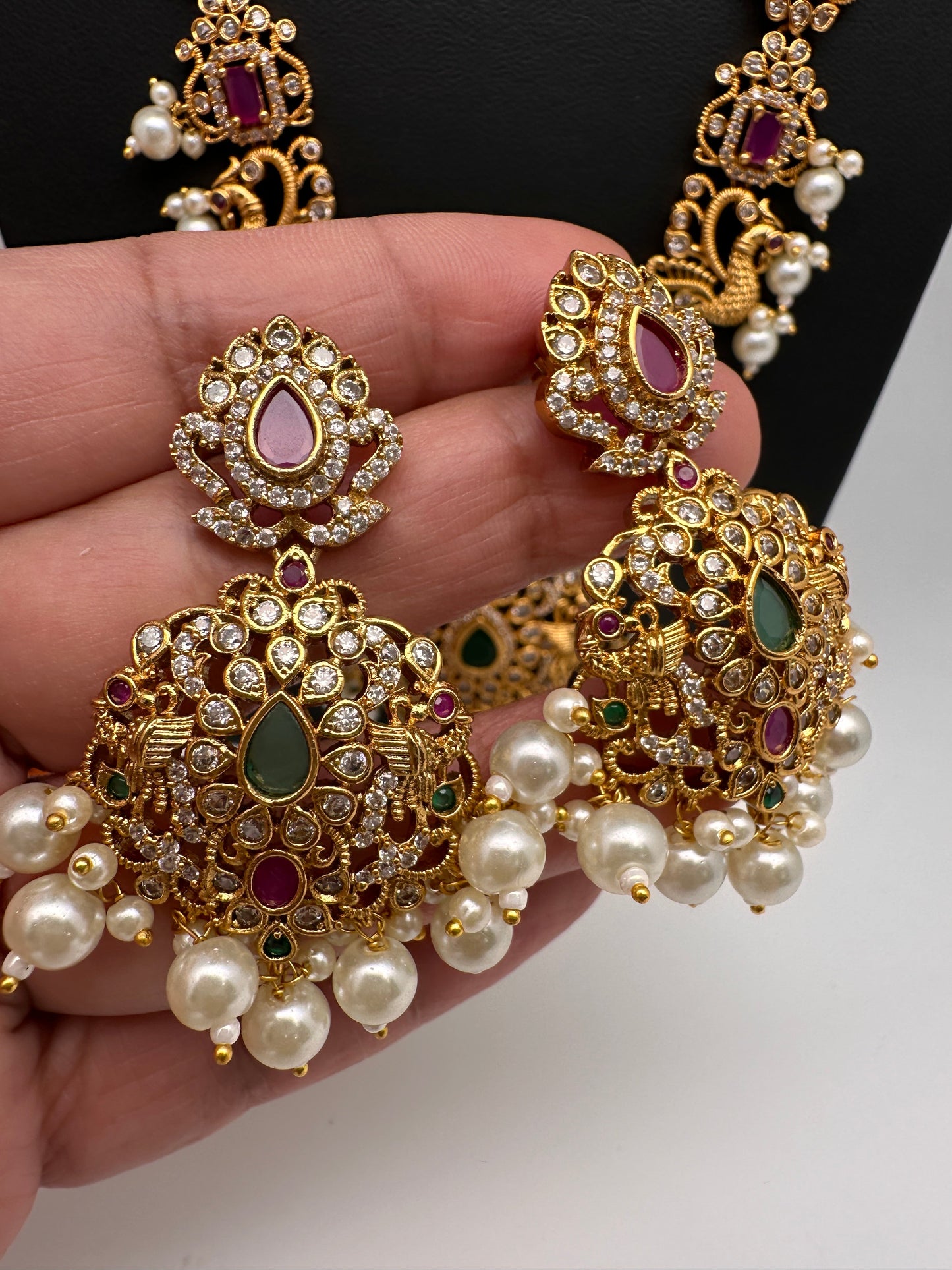 Peacock Design Red Green Multi Stone CZ Matte Finish Ethnic Necklace