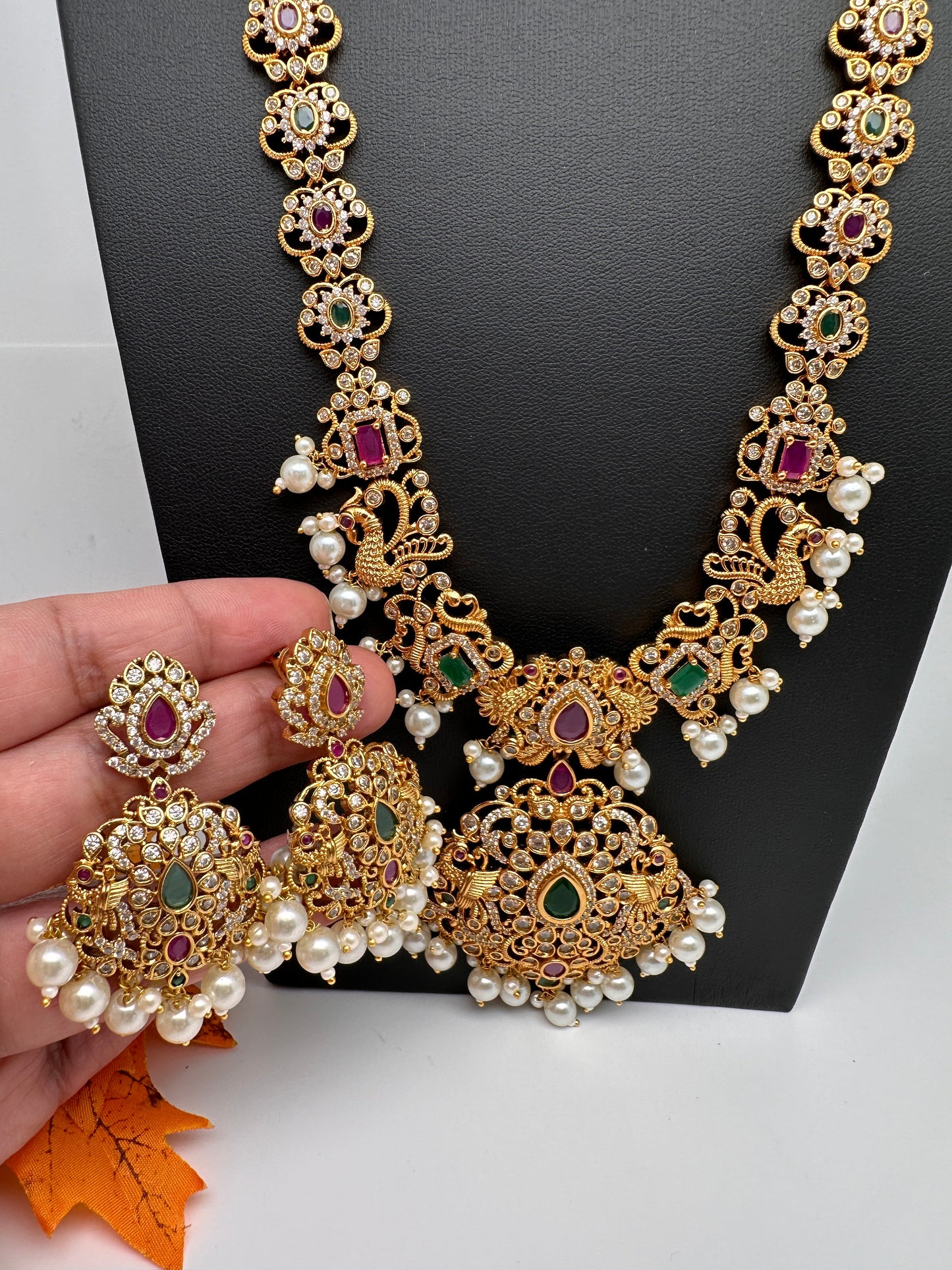 Peacock Design Red Green Multi Stone CZ Matte Finish Ethnic Necklace