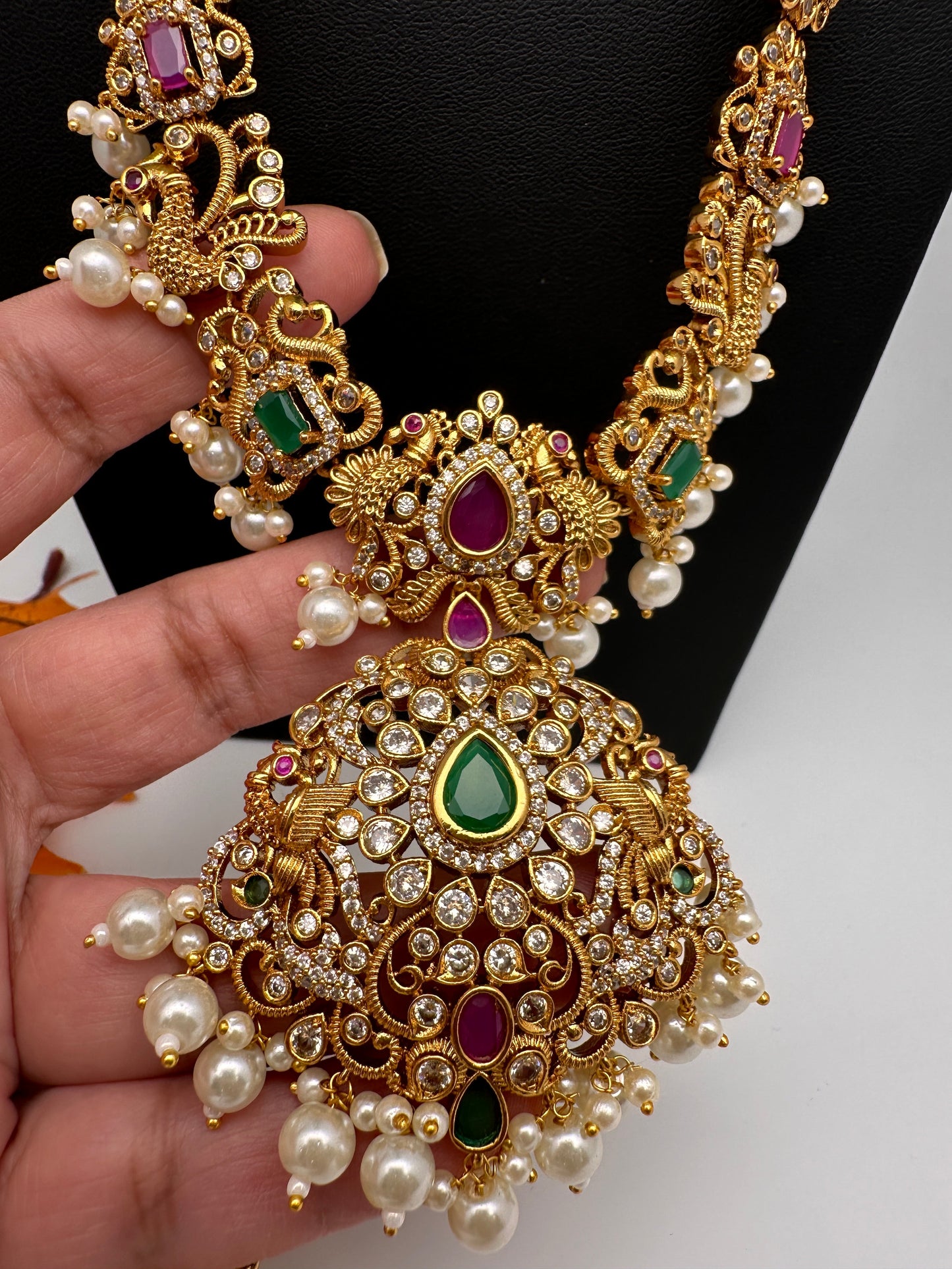 Peacock Design Red Green Multi Stone CZ Matte Finish Ethnic Necklace