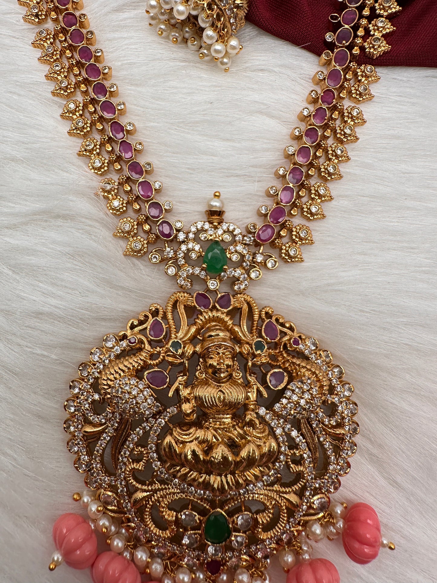 Goddess Lakshmi Pink Pumpkin beads CZ Matte Finish Necklace