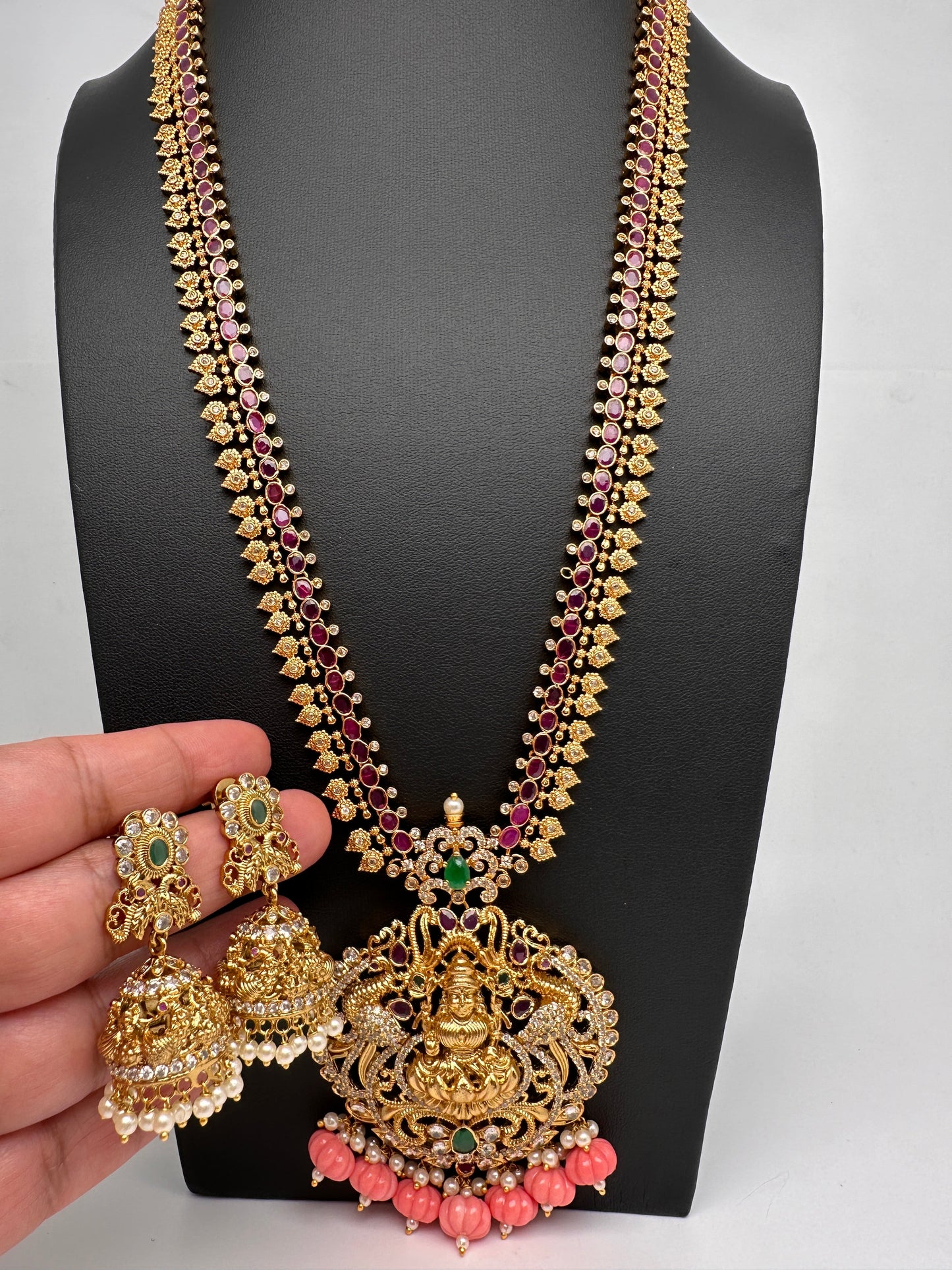 Goddess Lakshmi Pink Pumpkin beads CZ Matte Finish Necklace