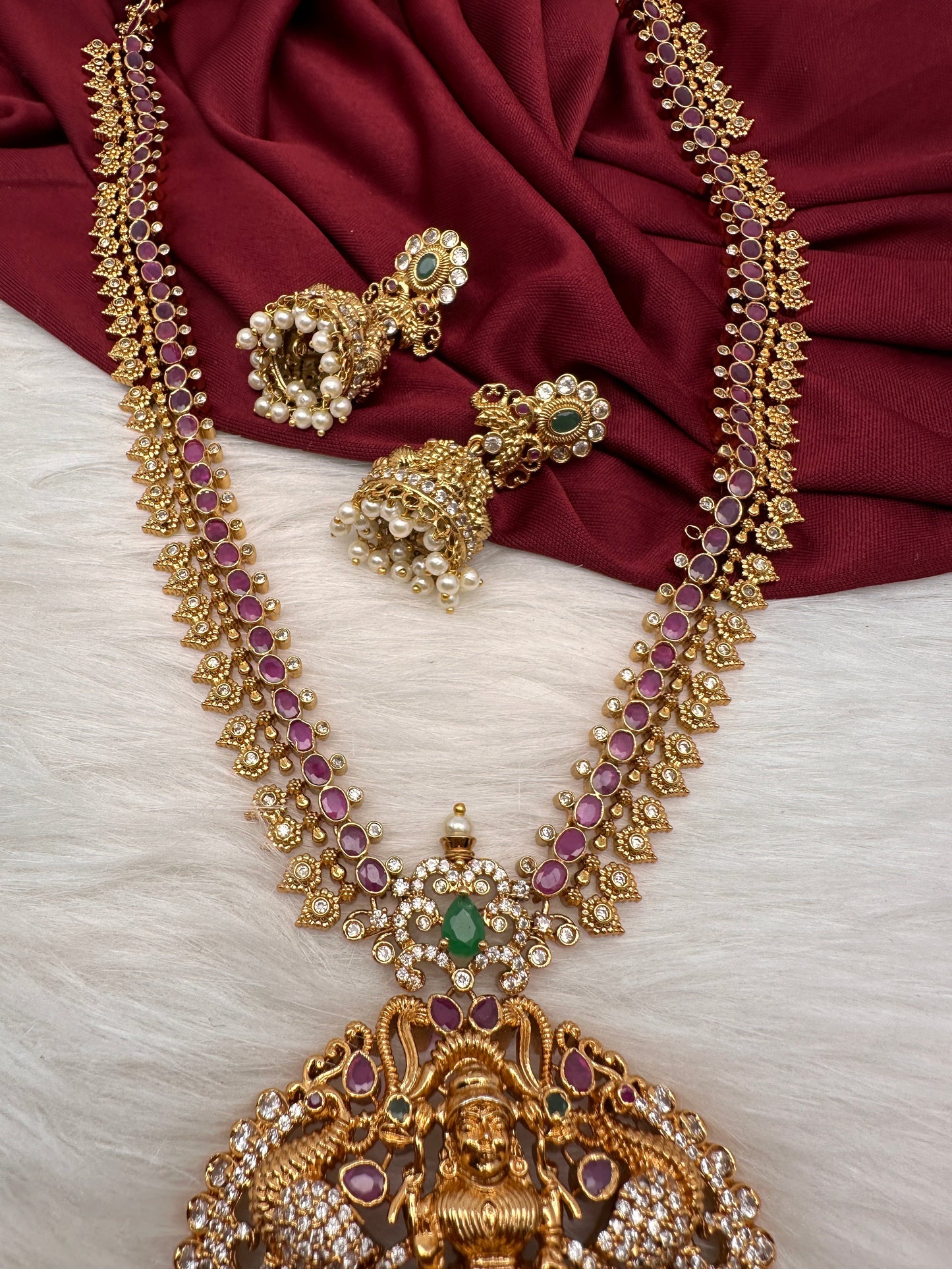 Goddess Lakshmi Pink Pumpkin beads CZ Matte Finish Necklace
