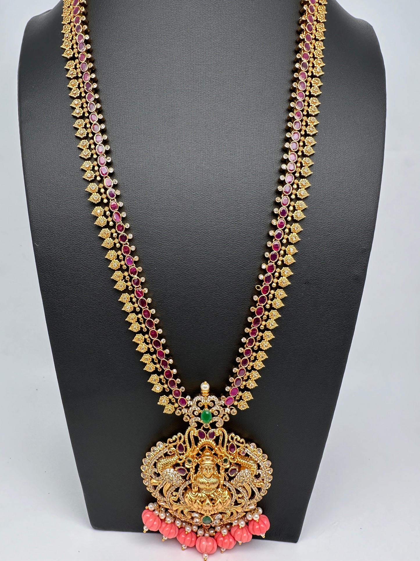 Goddess Lakshmi Pink Pumpkin beads CZ Matte Finish Necklace