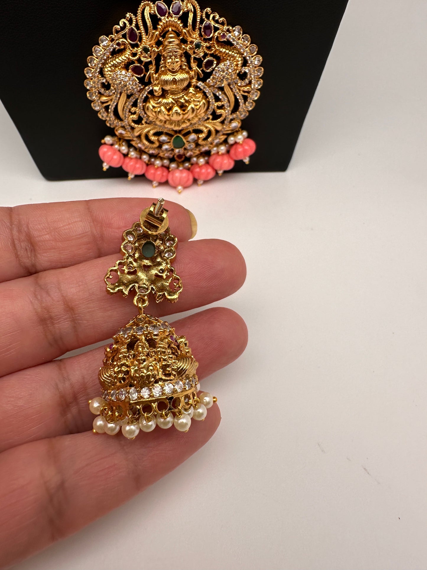 Goddess Lakshmi Pink Pumpkin beads CZ Matte Finish Necklace