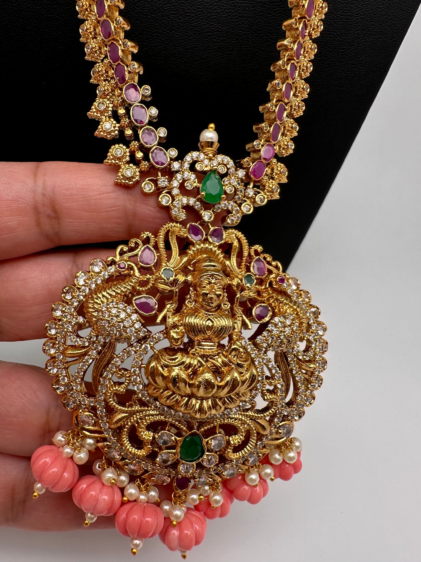 Goddess Lakshmi Pink Pumpkin beads CZ Matte Finish Necklace