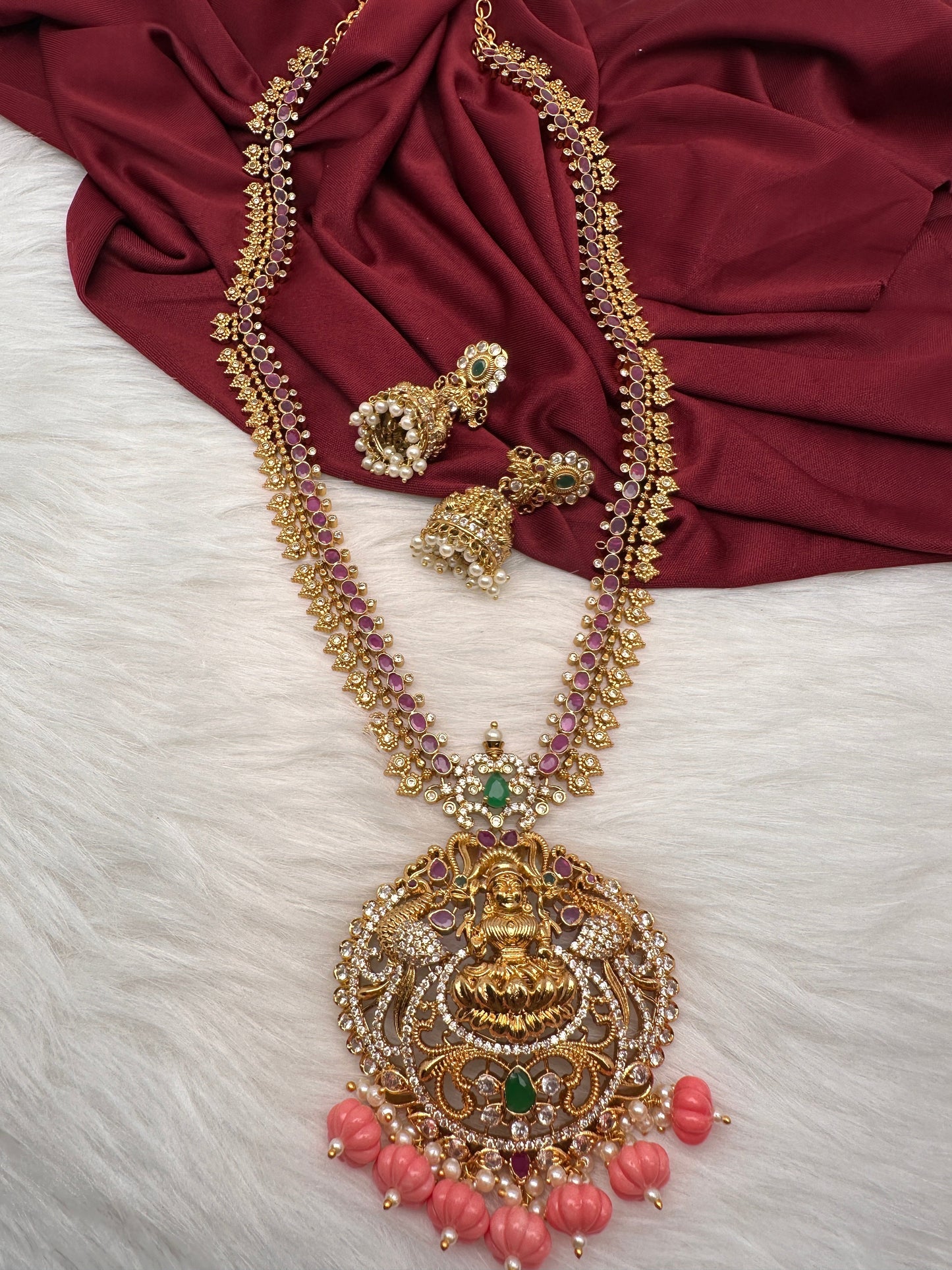 Goddess Lakshmi Pink Pumpkin beads CZ Matte Finish Necklace
