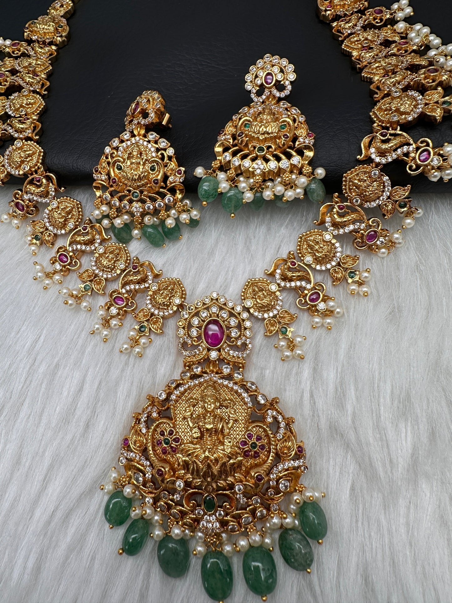 Goddess Lakshmi Links Green beads CZ Matte Finish Necklace