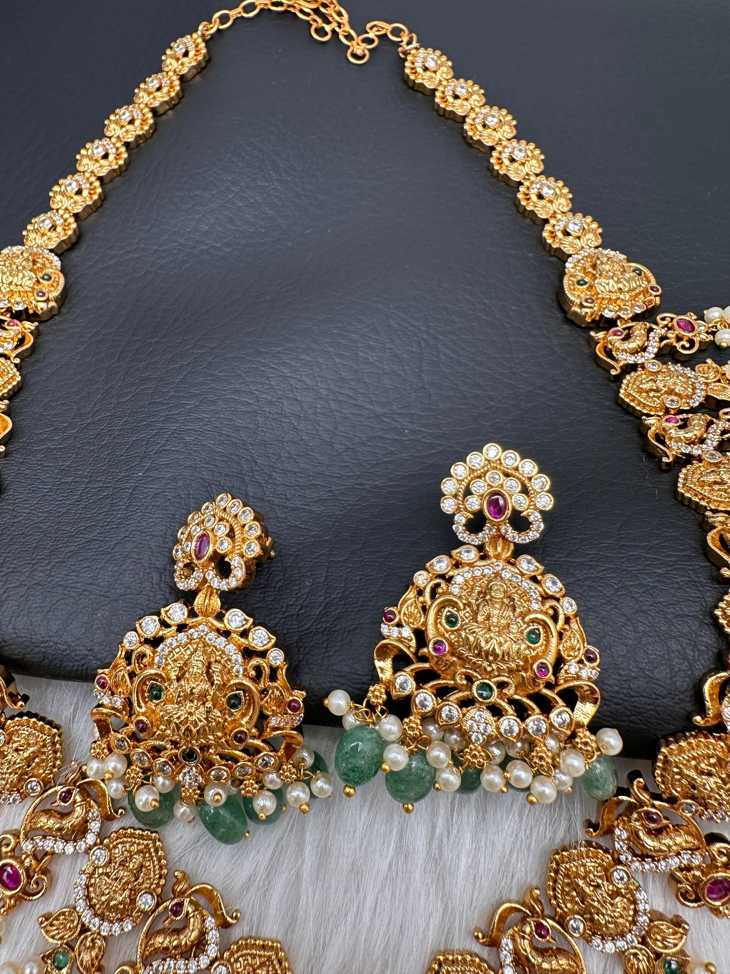 Goddess Lakshmi Links Green beads CZ Matte Finish Necklace