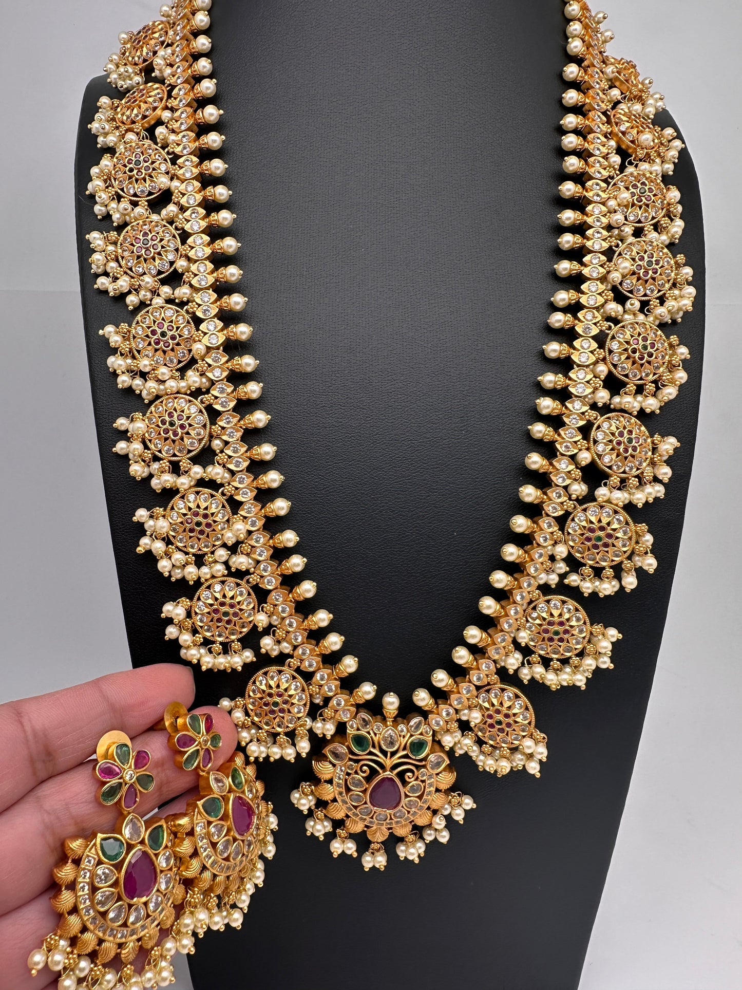 CZ Multi Color Stone  Pearls Bottu Mala Guttapusalu Necklace