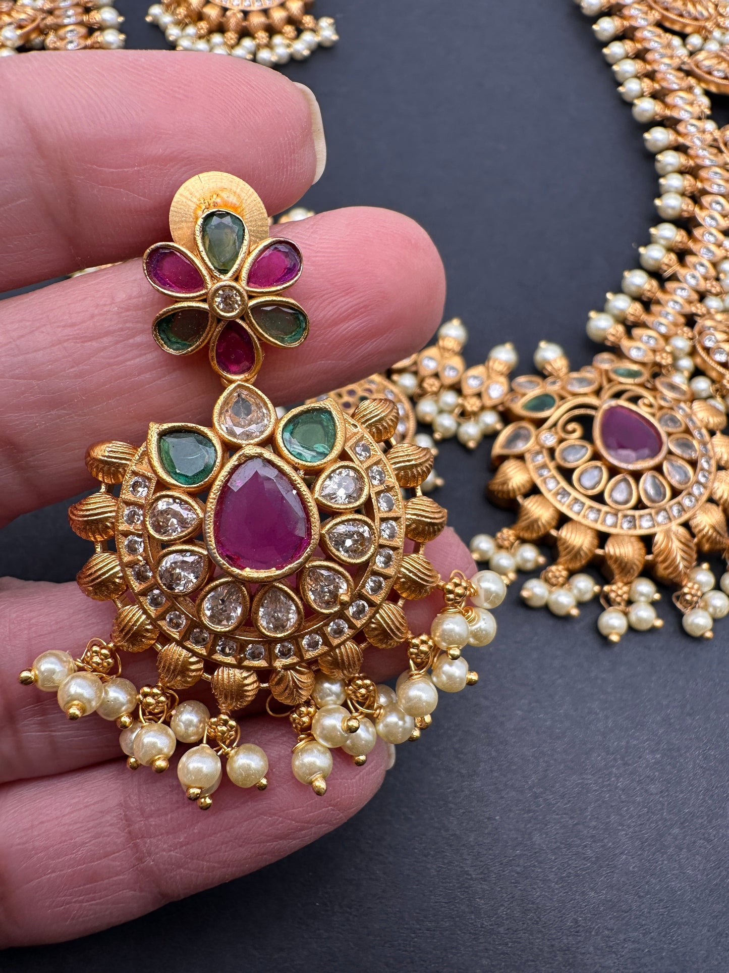 CZ Multi Color Stone  Pearls Bottu Mala Guttapusalu Necklace