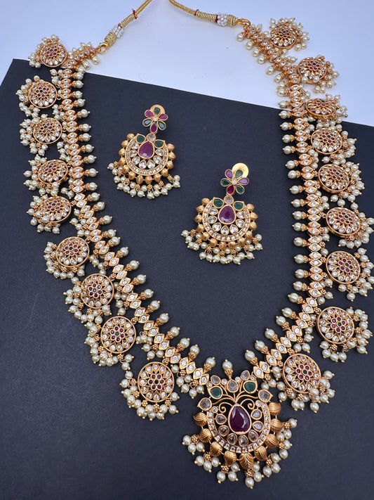 CZ Multi Color Stone  Pearls Bottu Mala Guttapusalu Necklace