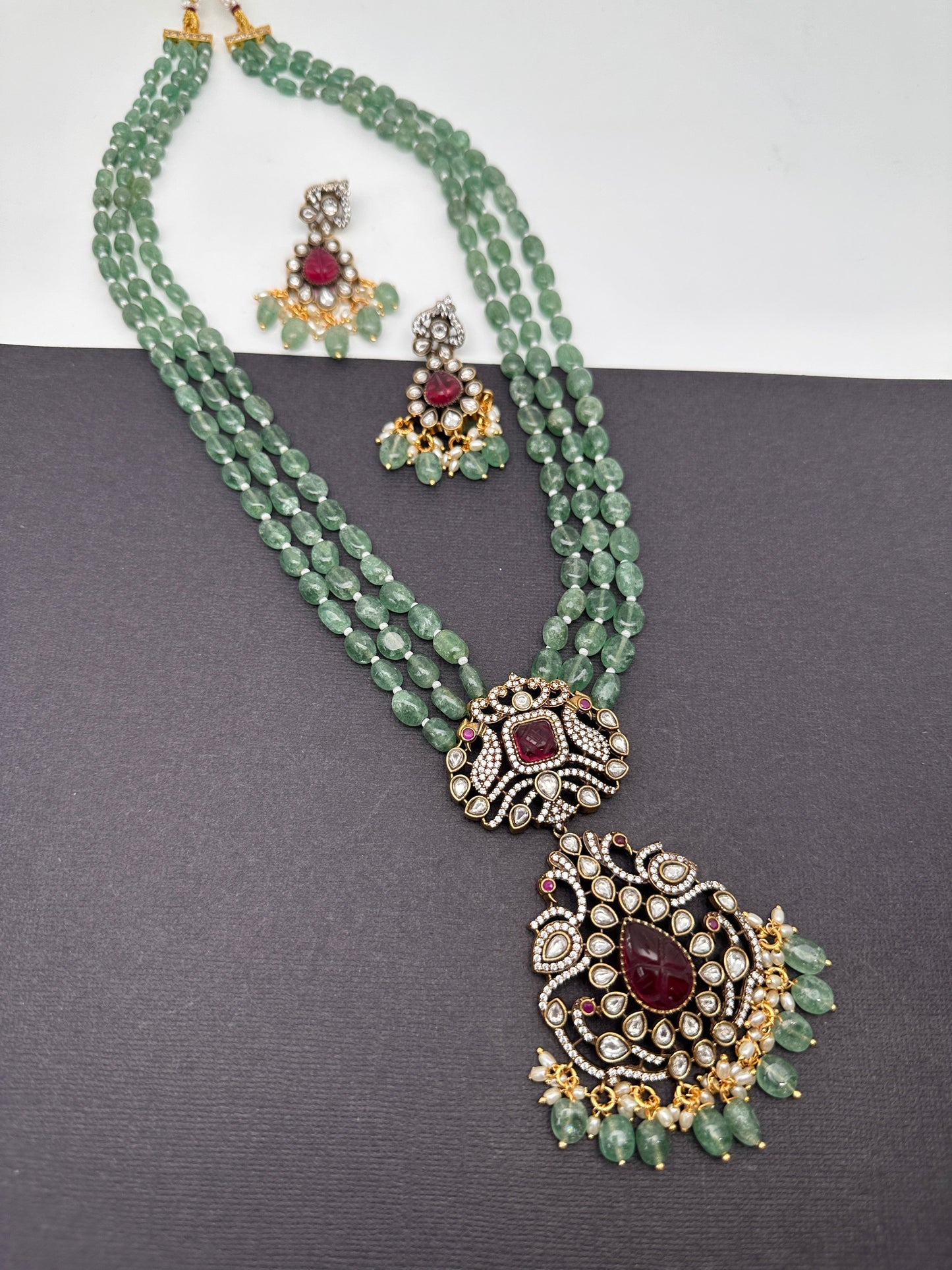 Victorian Kundan Real Emerald Beads Long Necklace